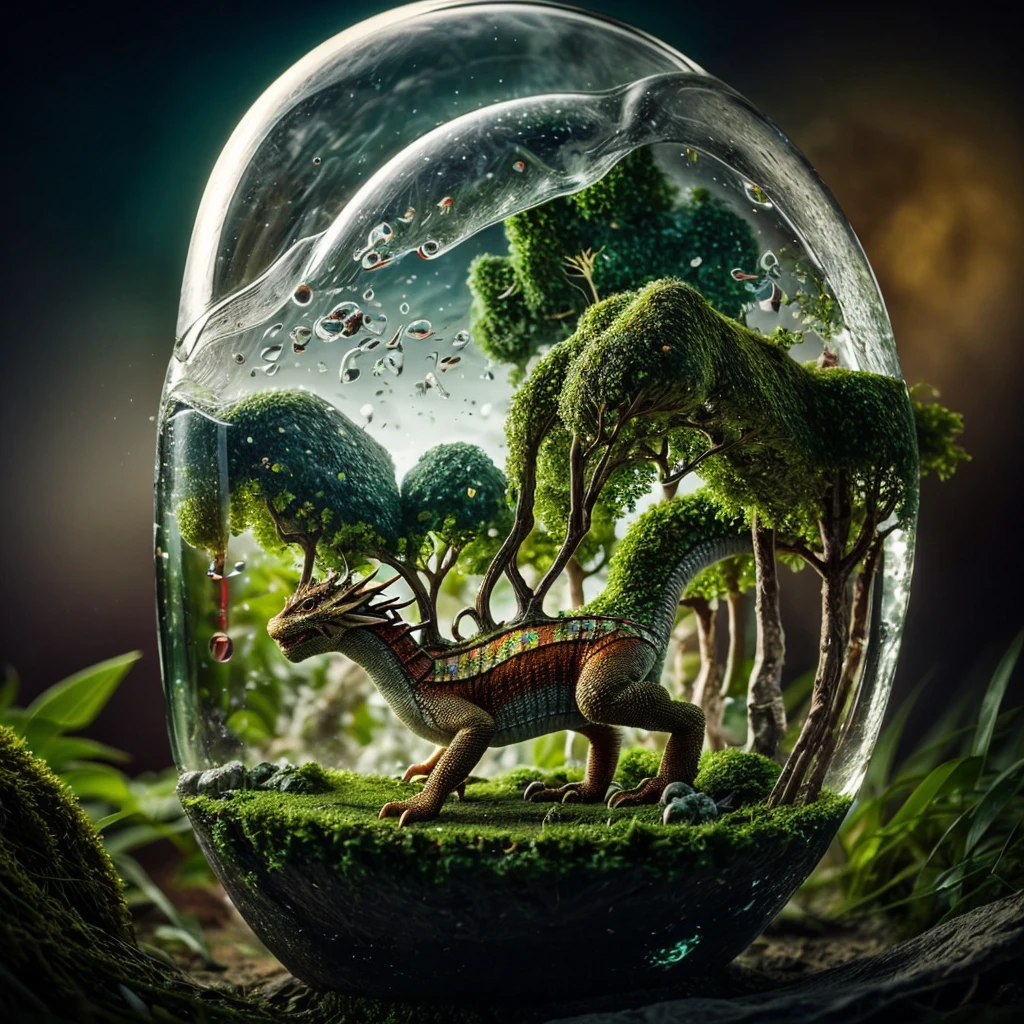 (An intricate mini-forest-landscape of a minidragon trapped in a bottle), atmospheric oliva lighting, (a minidragon trapped in a bottle), 4k UHD, dark vibes, hyper detailed, vibrant colours forest background, epic composition, octane render, sharp focus, high resolution isometric, bubblerealm photorealistic documentary shot