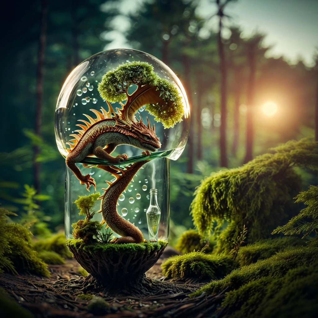 (An intricate mini-forest-landscape of a minidragon trapped in a bottle), atmospheric oliva lighting, (a minidragon trapped in a bottle), 4k UHD, dark vibes, hyper detailed, vibrant colours forest background, epic composition, octane render, sharp focus, high resolution isometric, bubblerealm photorealistic documentary shot