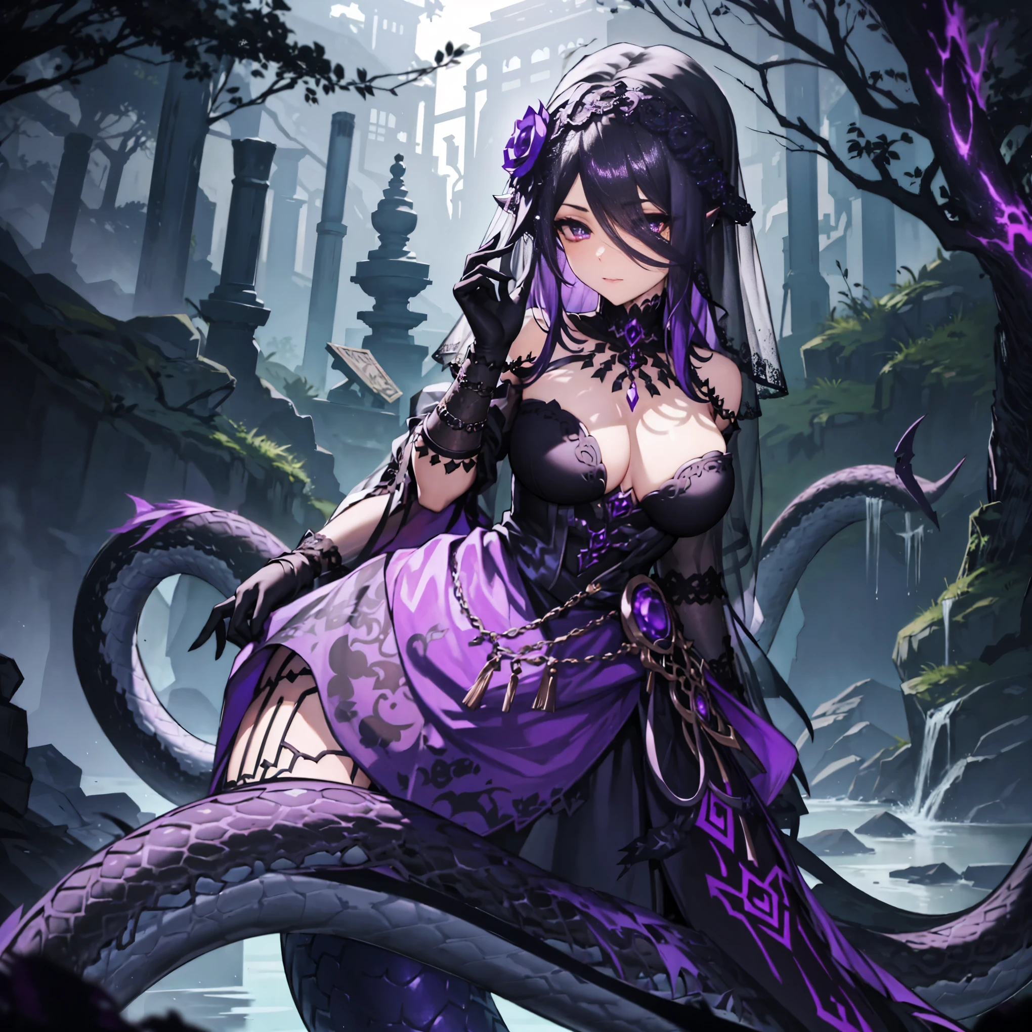 Lamia. metallic black and purple fashion. face veil. long gloves. eyes motif hair ornament. swamp. anime style. full body image.