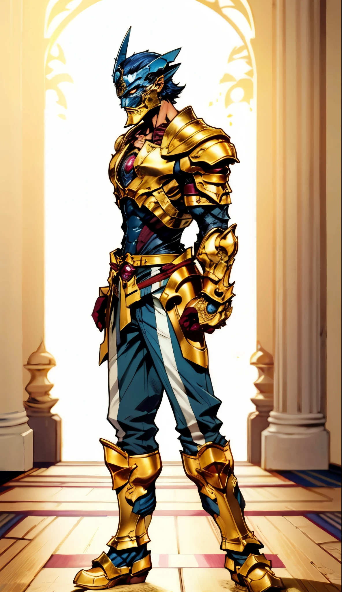 A man with short golden hair slicked back, his face entirely obscured by a Dynastinae concept mask, full mask, cold gaze, clad in an indigo blue fantasy-style Dynastinae concept chest plate, his arms and legs are clad in matching armor, he wears a white undershirt and trousers with golden stripes, standing within a magnificent fantasy-style palace, this character embodies a finely crafted fantasy-style masked light armor warrior in anime style, exquisite and mature manga art style, high definition, best quality, highres, ultra-detailed, ultra-fine painting, extremely delicate, professional, perfect body proportions, golden ratio, anatomically correct, symmetrical face, extremely detailed eyes and face, high quality eyes, creativity, RAW photo, UHD, 32k, Natural light, cinematic lighting, masterpiece-anatomy-perfect, masterpiece:1.5