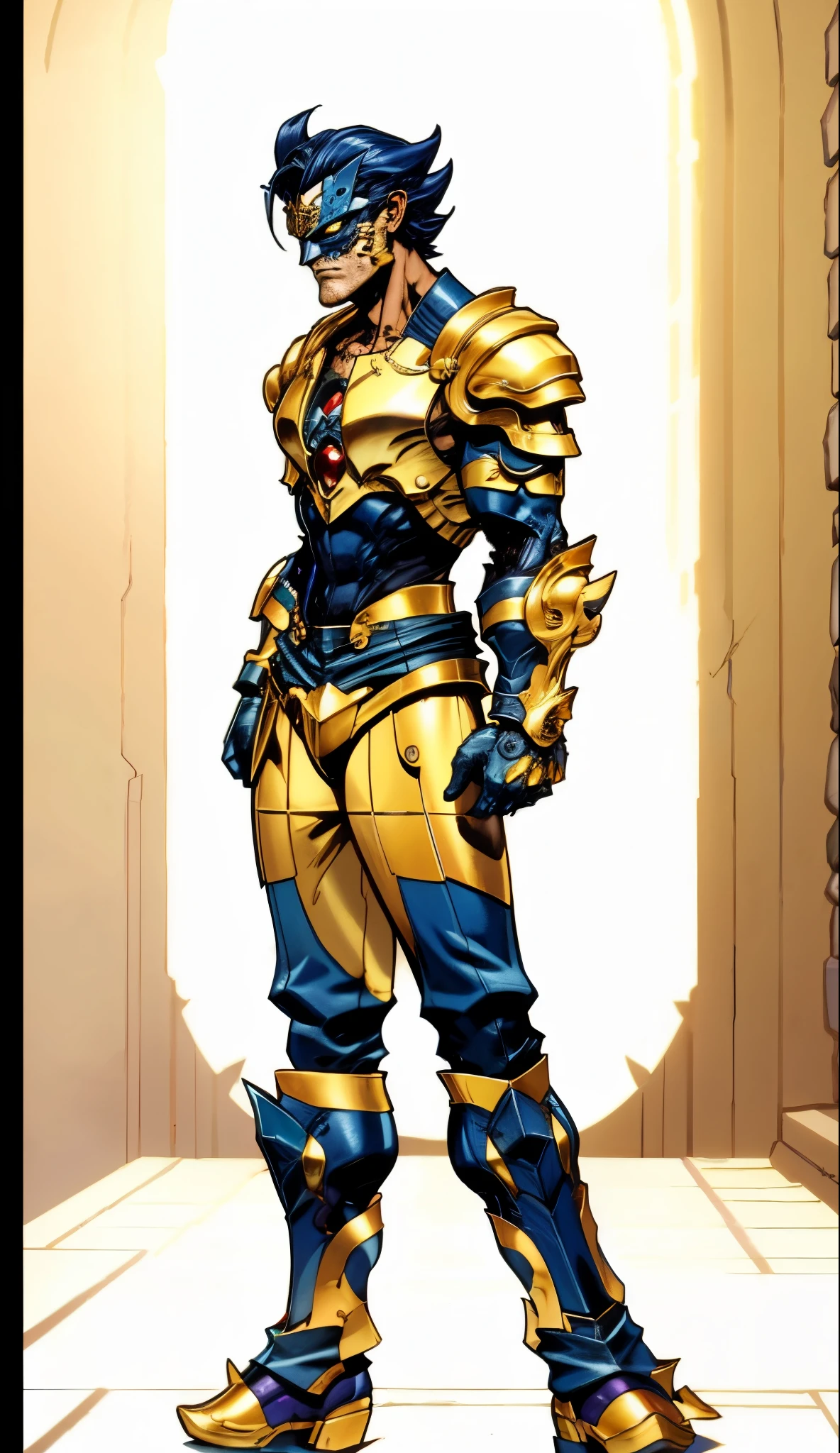 A man with short golden hair slicked back, his face entirely obscured by a Dynastinae concept mask, full mask, cold gaze, clad in an indigo blue fantasy-style Dynastinae concept chest plate, his arms and legs are clad in matching armor, he wears a white undershirt and trousers with golden stripes, standing within a magnificent fantasy-style palace, this character embodies a finely crafted fantasy-style masked light armor warrior in anime style, exquisite and mature manga art style, high definition, best quality, highres, ultra-detailed, ultra-fine painting, extremely delicate, professional, perfect body proportions, golden ratio, anatomically correct, symmetrical face, extremely detailed eyes and face, high quality eyes, creativity, RAW photo, UHD, 32k, Natural light, cinematic lighting, masterpiece-anatomy-perfect, masterpiece:1.5