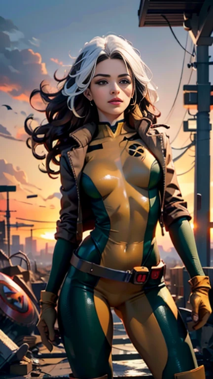 Rachel Weisz、Wet、full body figure, long hair, brown hair, green eyes, lipstick, compensate, lips,Emphasize cleavage、 sexy、White stripes in hair, like, wavy hair, messy hair, curly hair, middle～big breasts, Surface Plot, ((Kelli Berglund:Bailee Madison:0.5)), 黄colorのスーツ, Jacket, gloves, belt, gloves amarillos, Green Suit, (body suit:1.4), Traje multicolor, (superhero:1.4), tight skin, Ropa multicolor, Garden and wisteria background, official art, extremely detailed CG 8k wallpaper, perfect lighting, De color, bright_amount_method_light, piel bright, (masterpiece:1.0), (Better_quality:1.0), ultra high resolution, 4k , Super detailed, director of photography, 8k, HDR, Altas Resolightones, (disorganized:1.2), kodak portrait 400, film grain, blurred background, (Bokeh:1.2), Lens flare, (lively_color:1.2), professional photography, (beautiful_method:1.5),More detailed 8K.unreal engine:1.4,Hmm,La Better calidad:1.4, realistic:1.4, skin temperature:1.4, masterpiece:1.8,masterpiece, Better calidad,object object], (detailed facial features:1.3),(Antesedentes apocalyptic destroyed city:1.4), (Apocalyptic Sunset:1.4)