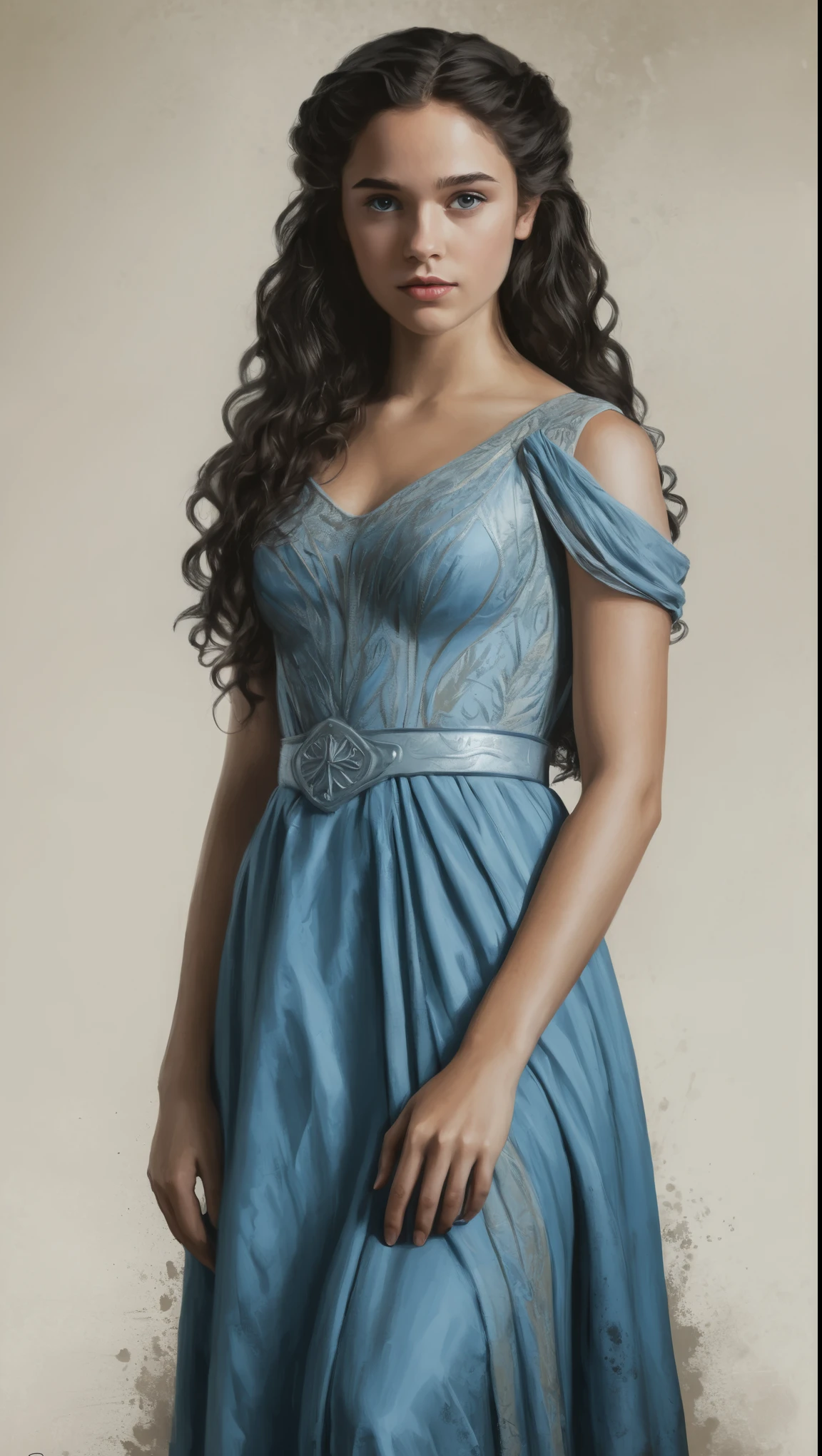 An illustrated movie poster, hand-drawn, full color, a Westerosi teenage girl, wearing a regal dress, olive complexion, glacier blue eyes, dark hair, long loose curls, waist-length hair, posing on a pedestal, hard shadows, graphite shading, stencil marks, airbrushed acrylic paint, masterpiece, in the style of Game of Thrones