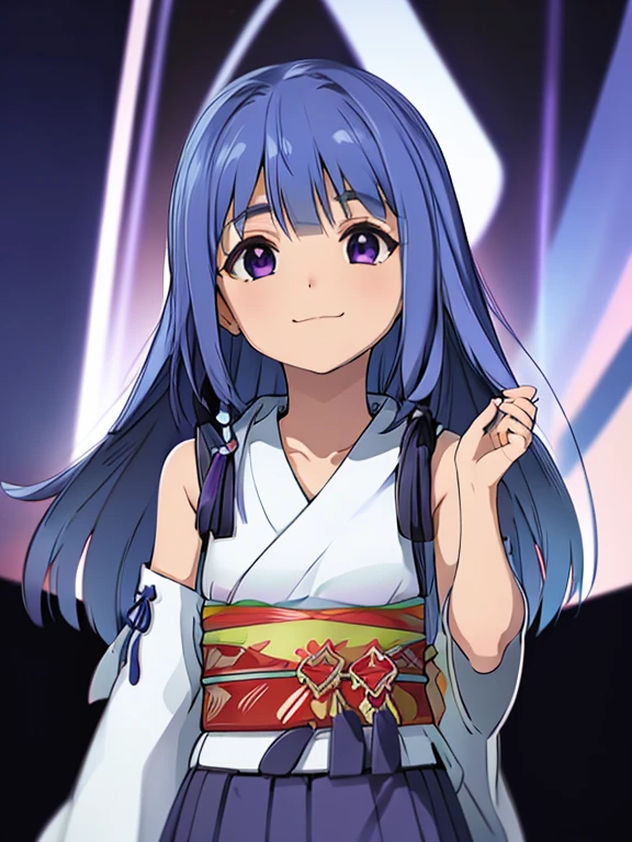 UHD, advanced details, (1girl), princess cut, long hair, blue hair, purple eyes, blue-beaded earring, hakama skirt, kimono, YunaFFX,