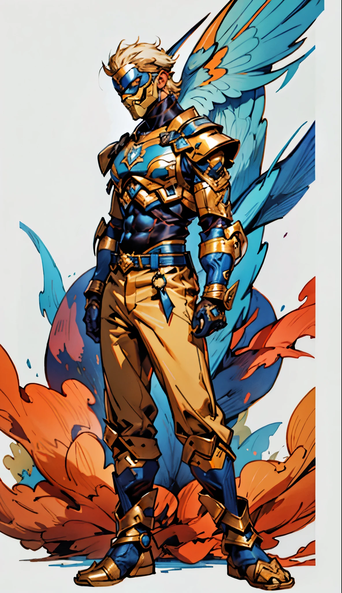 A man with short golden hair slicked back, his face entirely obscured by a Dynastinae concept mask, full mask, cold gaze, clad in an indigo blue fantasy-style Dynastinae concept chest plate, his arms and legs are clad in matching armor, he wears a white undershirt and trousers with golden stripes, standing within a magnificent fantasy-style palace, this character embodies a finely crafted fantasy-style masked light armor warrior in anime style, exquisite and mature manga art style, high definition, best quality, highres, ultra-detailed, ultra-fine painting, extremely delicate, professional, perfect body proportions, golden ratio, anatomically correct, symmetrical face, extremely detailed eyes and face, high quality eyes, creativity, RAW photo, UHD, 32k, Natural light, cinematic lighting, masterpiece-anatomy-perfect, masterpiece:1.5