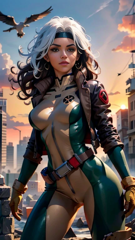 halle berry、Wet、full body figure, long hair, brown hair, green eyes, lipstick, compensate, lips,Emphasize cleavage、 sexy、White stripes in hair, like, wavy hair, messy hair, curly hair, middle～big breasts, Surface Plot, ((Kelli Berglund:Bailee Madison:0.5)), 黄colorのスーツ, Jacket, gloves, belt, gloves amarillos, Green Suit, (body suit:1.4), Traje multicolor, (superhero:1.4), tight skin, Ropa multicolor, Garden and wisteria background, official art, extremely detailed CG 8k wallpaper, perfect lighting, De color, bright_amount_method_light, piel bright, (masterpiece:1.0), (Better_quality:1.0), ultra high resolution, 4k , Super detailed, director of photography, 8k, HDR, Altas Resolightones, (disorganized:1.2), kodak portrait 400, film grain, blurred background, (Bokeh:1.2), Lens flare, (lively_color:1.2), professional photography, (beautiful_method:1.5),More detailed 8K.unreal engine:1.4,Hmm,La Better calidad:1.4, realistic:1.4, skin temperature:1.4, masterpiece:1.8,masterpiece, Better calidad,object object], (detailed facial features:1.3),(Antesedentes apocalyptic destroyed city:1.4), (Apocalyptic Sunset:1.4)
