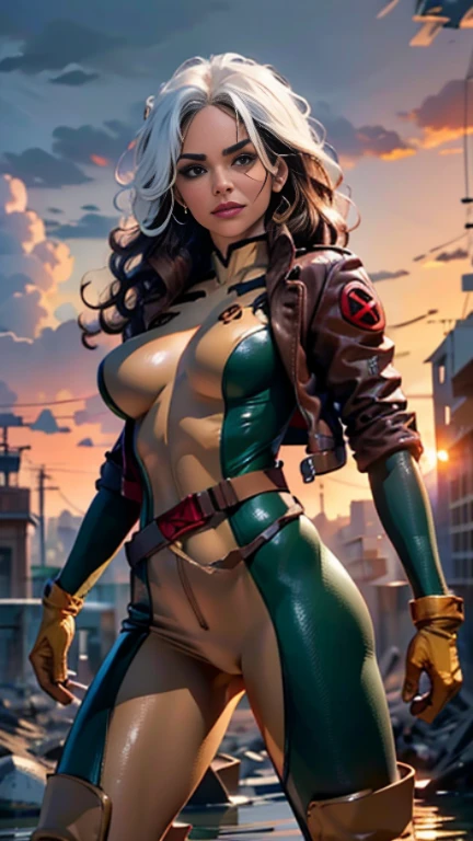 halle berry、Wet、full body figure, long hair, brown hair, green eyes, lipstick, compensate, lips,Emphasize cleavage、 、White strin hair, like, wavy hair, messy hair, curly hair, middle～big breasts, Surface Plot, ((Kelli Berglund:Bailee Madison:0), 黄colorのスーツ, Jacket, gloves, belt, gloves amarillos, Green Suit, (body suit:1.4), Traje multicolor, (superhero:1.4), tight skin, Ropa multicolor, Garden and wisteria background, official art, extremely detailed CG 8k wallpaper, perfect lighting, De color, bright_amount_method_light, piel bright, (masterpiece:1.0), (Better_quali1.0), ultra high resolution, 4k , Super detailed, director of photography, 8k, HDR, Altas Resolightones, (disorganized:1.2), kodak portrait 400, film grain, blurred background, (Bokeh:1.2), Lens flare, (lively_color:1.2), professional photography, (beautiful_method:1.5),More detailed 8K.unreal engine:1.4,Hmm,La Better calidad:, realistic:1.4, skin temperature:1.4, masterpiece:1.8,masterpiece, Better calidad,obj object], (detailed facial features:1.3),edentes apocalyptic destroyed city:1.4), (Apocalyptic Sunset:1.4)