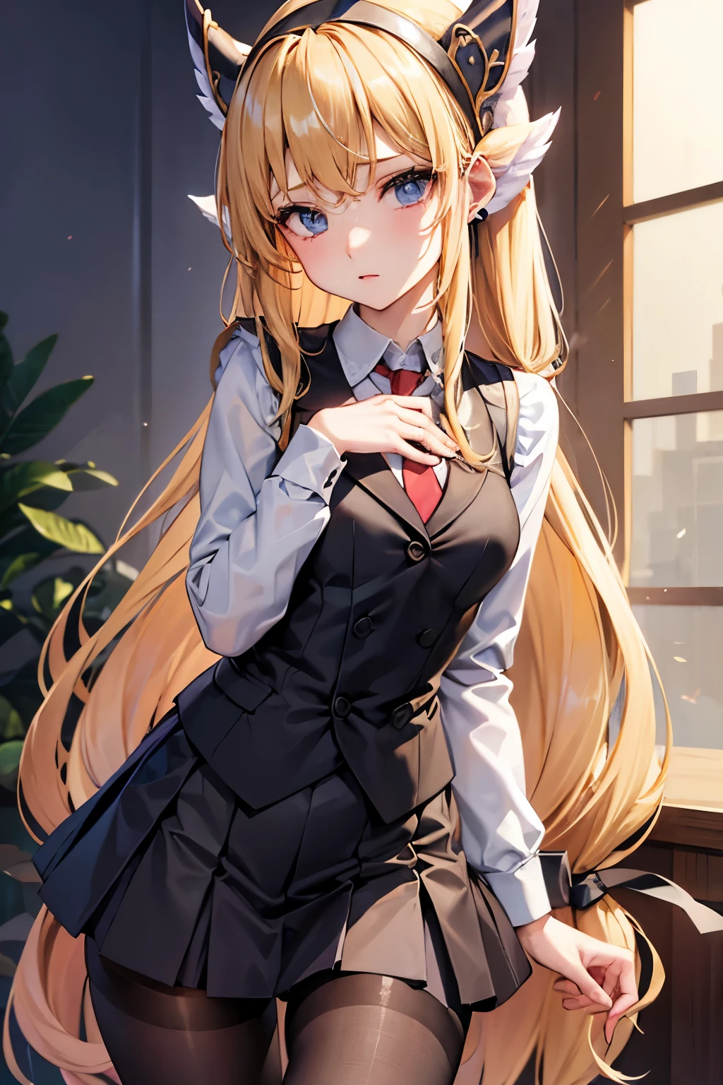 lease, blonde、long hair、suit figure、pantyhose、Photo from below、medium chest、bootini skirt、blouse、vest、headband