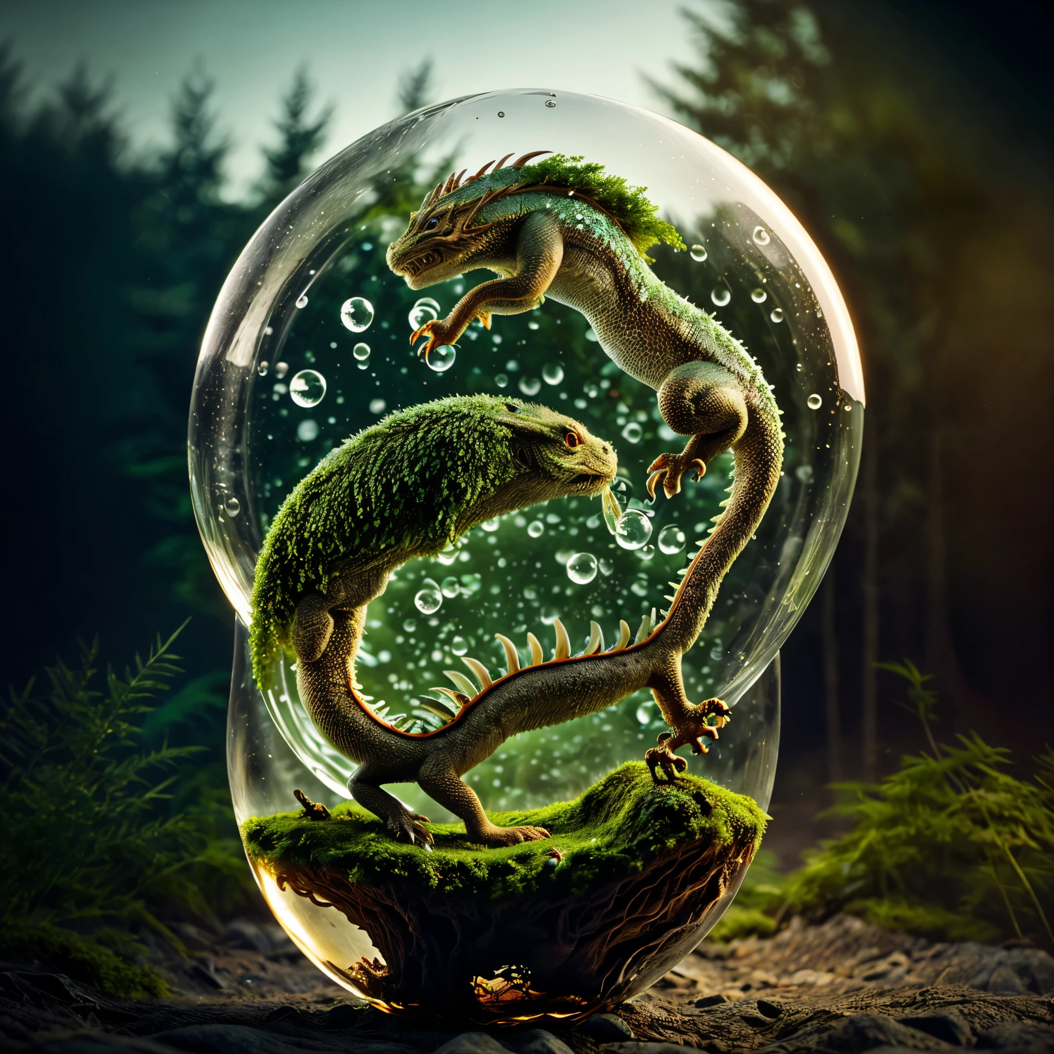 (An intricate mini-forest-landscape of a minidragon trapped in a bottle), atmospheric oliva lighting, (a minidragon trapped in a bottle), 4k UHD, dark vibes, hyper detailed, vibrant colours forest background, epic composition, octane render, sharp focus, high resolution isometric, bubblerealm photorealistic documentary shot