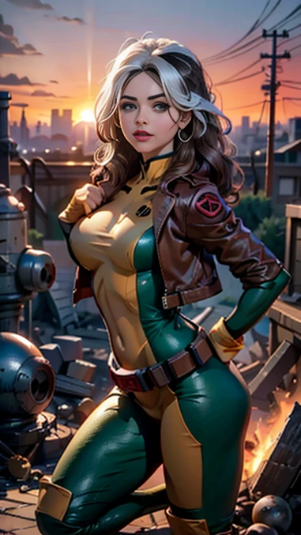 jenna louise coleman、Wet、full body figure, long hair, brown hair, green eyes, lipstick, compensate, lips,Emphasize cleavage、 sexy、White stripes in hair, like, wavy hair, messy hair, curly hair, middle～big breasts, Surface Plot, ((Kelli Berglund:Bailee Madison:0.5)), 黄colorのスーツ, Jacket, gloves, belt, gloves amarillos, Green Suit, (body suit:1.4), Traje multicolor, (superhero:1.4), tight skin, Ropa multicolor, Garden and wisteria background, official art, extremely detailed CG 8k wallpaper, perfect lighting, De color, bright_amount_method_light, piel bright, (masterpiece:1.0), (Better_quality:1.0), ultra high resolution, 4k , Super detailed, director of photography, 8k, HDR, Altas Resolightones, (disorganized:1.2), kodak portrait 400, film grain, blurred background, (Bokeh:1.2), Lens flare, (lively_color:1.2), professional photography, (beautiful_method:1.5),More detailed 8K.unreal engine:1.4,Hmm,La Better calidad:1.4, realistic:1.4, skin temperature:1.4, masterpiece:1.8,masterpiece, Better calidad,object object], (detailed facial features:1.3),(Antesedentes apocalyptic destroyed city:1.4), (Apocalyptic Sunset:1.4)