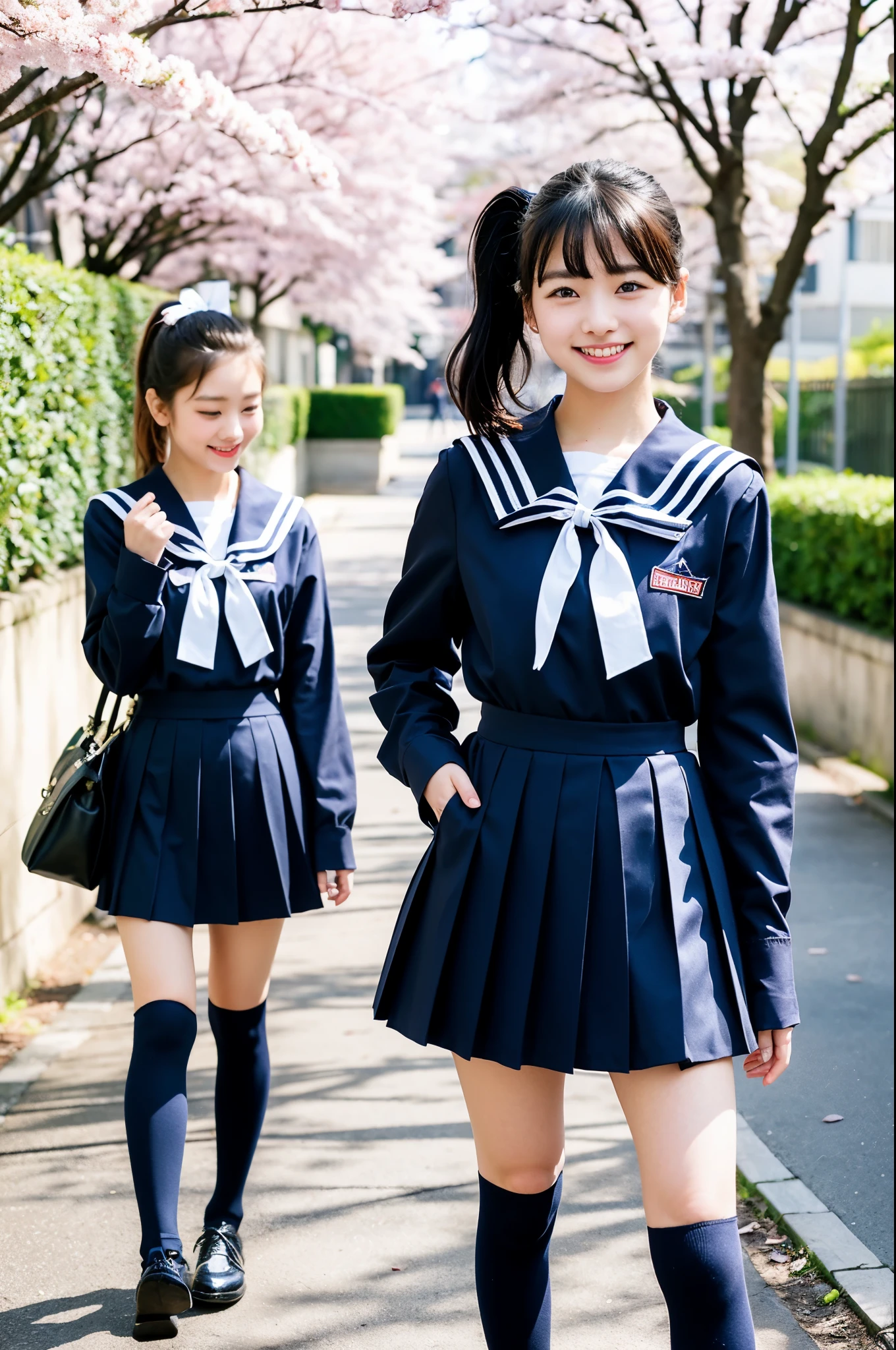 girls walking in cherry blossom street,navy blue long-sleeved sailor dress with navy blue pleated skirt,bow tie,navy blue high socks,shool bag,18-year-old,bangs,a little smile,thighs,knees,low ponytail with barrette,from below,front light
