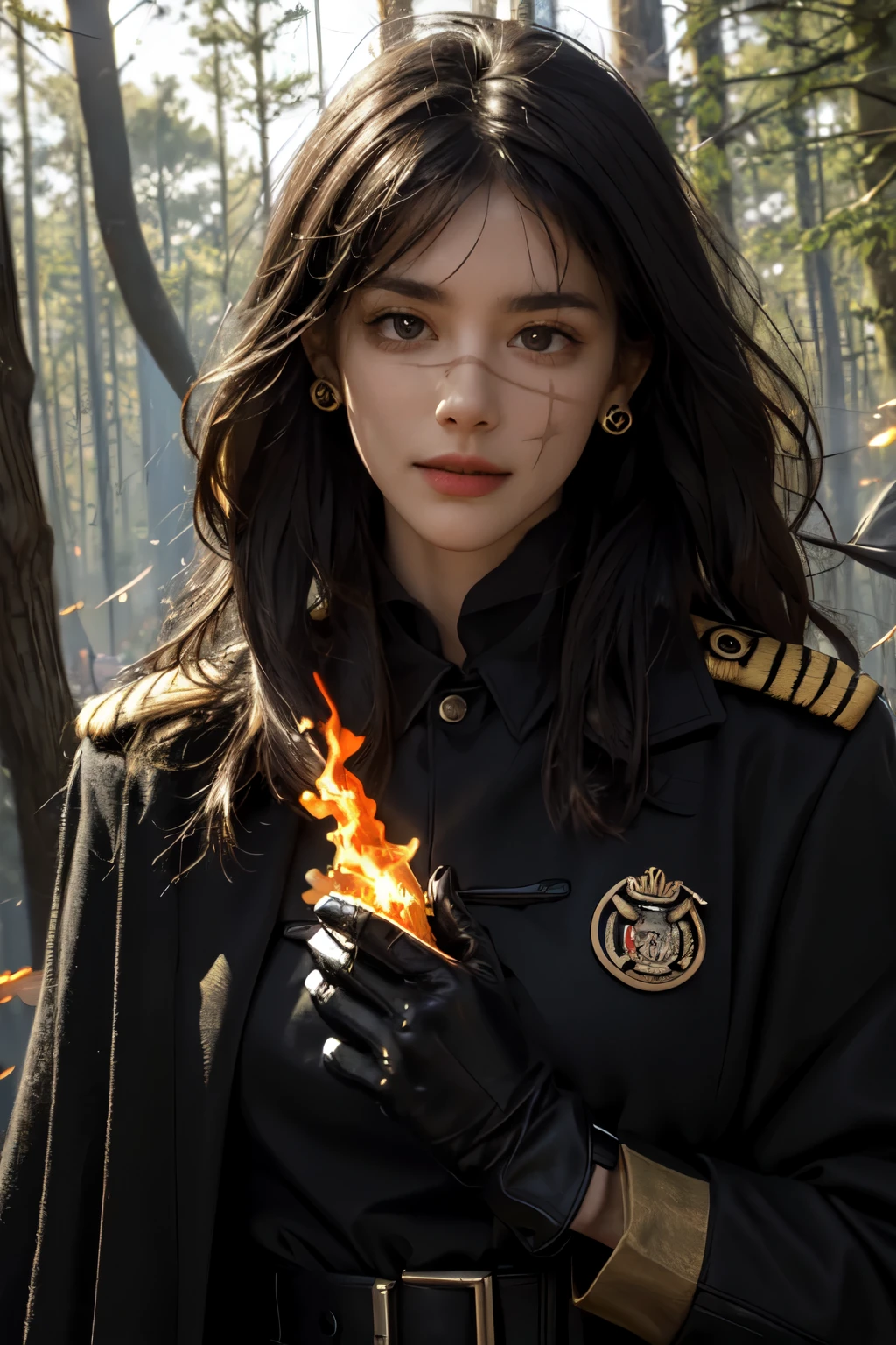 realistic, masterpiece, best quality, close-up, lips , upper body, no makeup, mature female, cowboy shot, black hair, military uniform, black military jacket , black cape , , badge, military jacket , , valor , golden badge , military badge, depth of field, long hair, mole under eye, black gloves, earrings, gloves, crowded place , crowd, evening, branch, dead tree, fireflies, sparkle, fire_sparkle , fire , , holding fire , scar_on_eye , military badge , medals , blood , bleeding , on fire forest , burning trees , military valor , burning background , crowded place , , big fire , german military , smirk