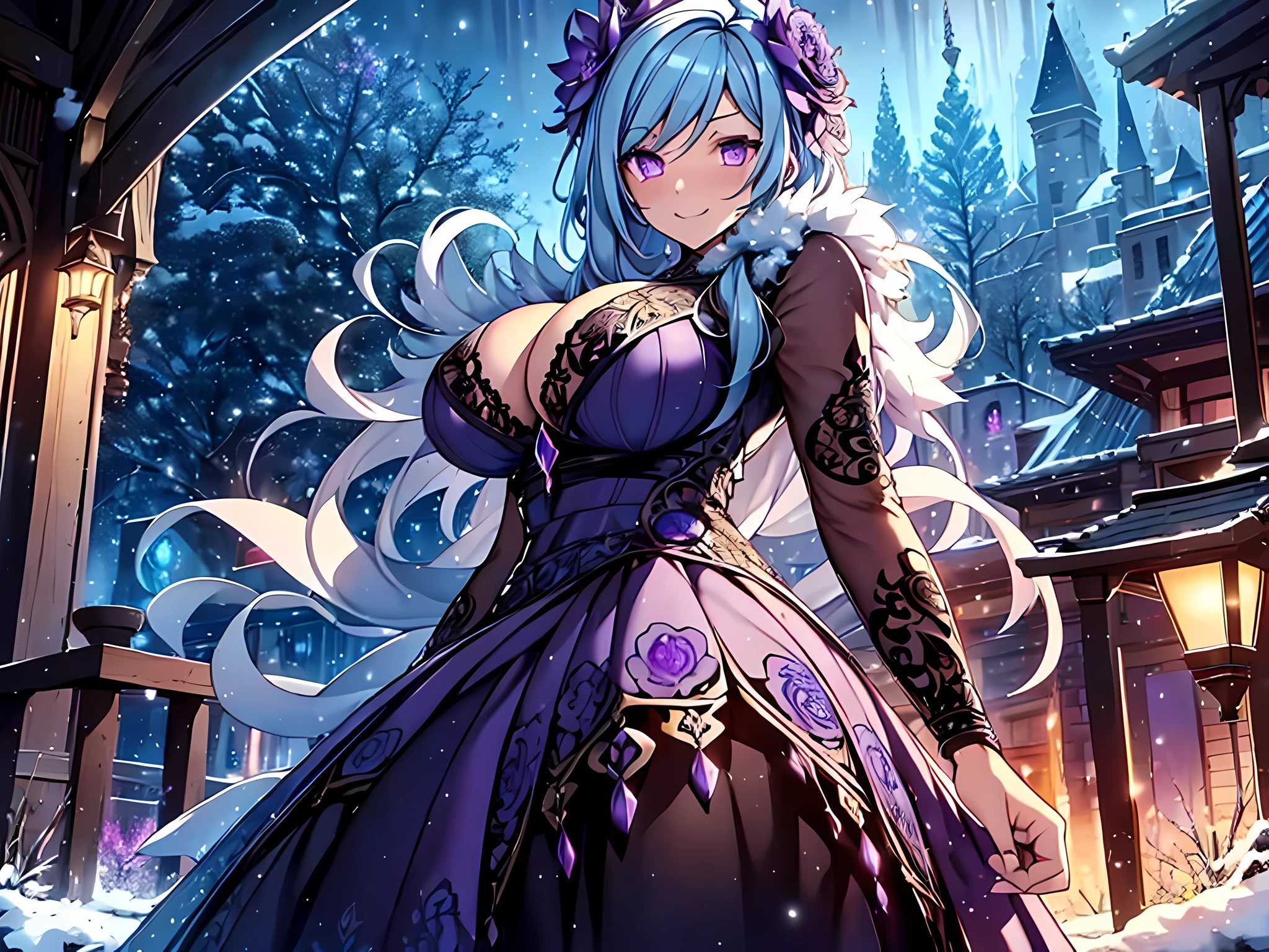 (masterpiece), best quality, expressive eyes, perfect face,(((1 girl))),((intricate evening dress:1.5)),(huge breasts:1.5),(hair flower),outdoors,hand on own chest,thighigh boots,light blue hair,cleavage,looking at viewer,smiles, eyeshadows, eye liner,glistening eyes, hyper detailed eyes, intricate eyes, beautiful eye, ((glowing purple pupils))、smilling face,standing,seductive pose,garterbelt,snow castle,aurora borealis,cowboy shot,snowy background