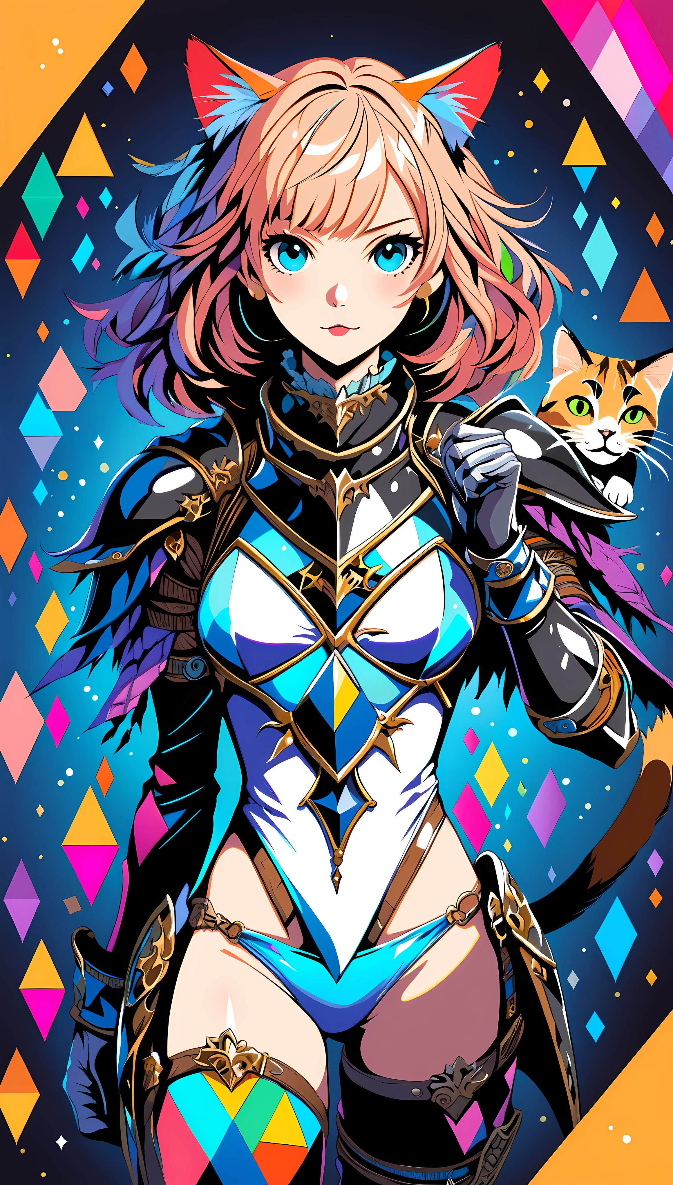 ((Masterpiece in maximum 16K resolution):1.6), ((vector cartoon illustration:)1.5), ((Vector art):1.4), ((Geometric style and minimalism):1.5), ((Vectorized):1.2) | ((Vector art of a Female Cat in Knight Suit in fantasy world setting:1.5), ((Female Cat):1.5) (Smart looking cat holding a great sword):1.1), ((sense of magic):1.1),((perfect_composition, perfect_design, perfect_layout, perfect_detail, ultra_detailed)), ((enhance_all, fix_everything)), More Detail, Enhance.