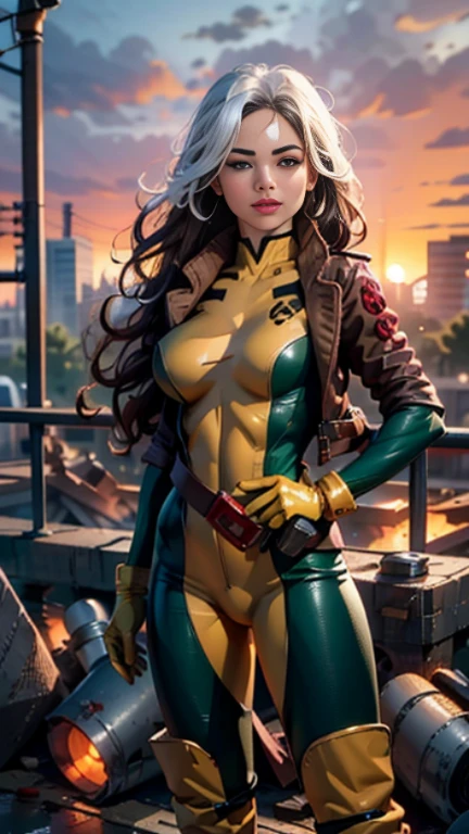 Kristin Kreuk、Wet、full body figure, long hair, brown hair, green eyes, lipstick, compensate, lips,Emphasize cleavage、 sexy、White stripes in hair, like, wavy hair, messy hair, curly hair, middle～big breasts, Surface Plot, ((Kelli Berglund:Bailee Madison:0.5)), 黄colorのスーツ, Jacket, gloves, belt, gloves amarillos, Green Suit, (body suit:1.4), Traje multicolor, (superhero:1.4), tight skin, Ropa multicolor, Garden and wisteria background, official art, extremely detailed CG 8k wallpaper, perfect lighting, De color, bright_amount_method_light, piel bright, (masterpiece:1.0), (Better_quality:1.0), ultra high resolution, 4k , Super detailed, director of photography, 8k, HDR, Altas Resolightones, (disorganized:1.2), kodak portrait 400, film grain, blurred background, (Bokeh:1.2), Lens flare, (lively_color:1.2), professional photography, (beautiful_method:1.5),More detailed 8K.unreal engine:1.4,Hmm,La Better calidad:1.4, realistic:1.4, skin temperature:1.4, masterpiece:1.8,masterpiece, Better calidad,object object], (detailed facial features:1.3),(Antesedentes apocalyptic destroyed city:1.4), (Apocalyptic Sunset:1.4)