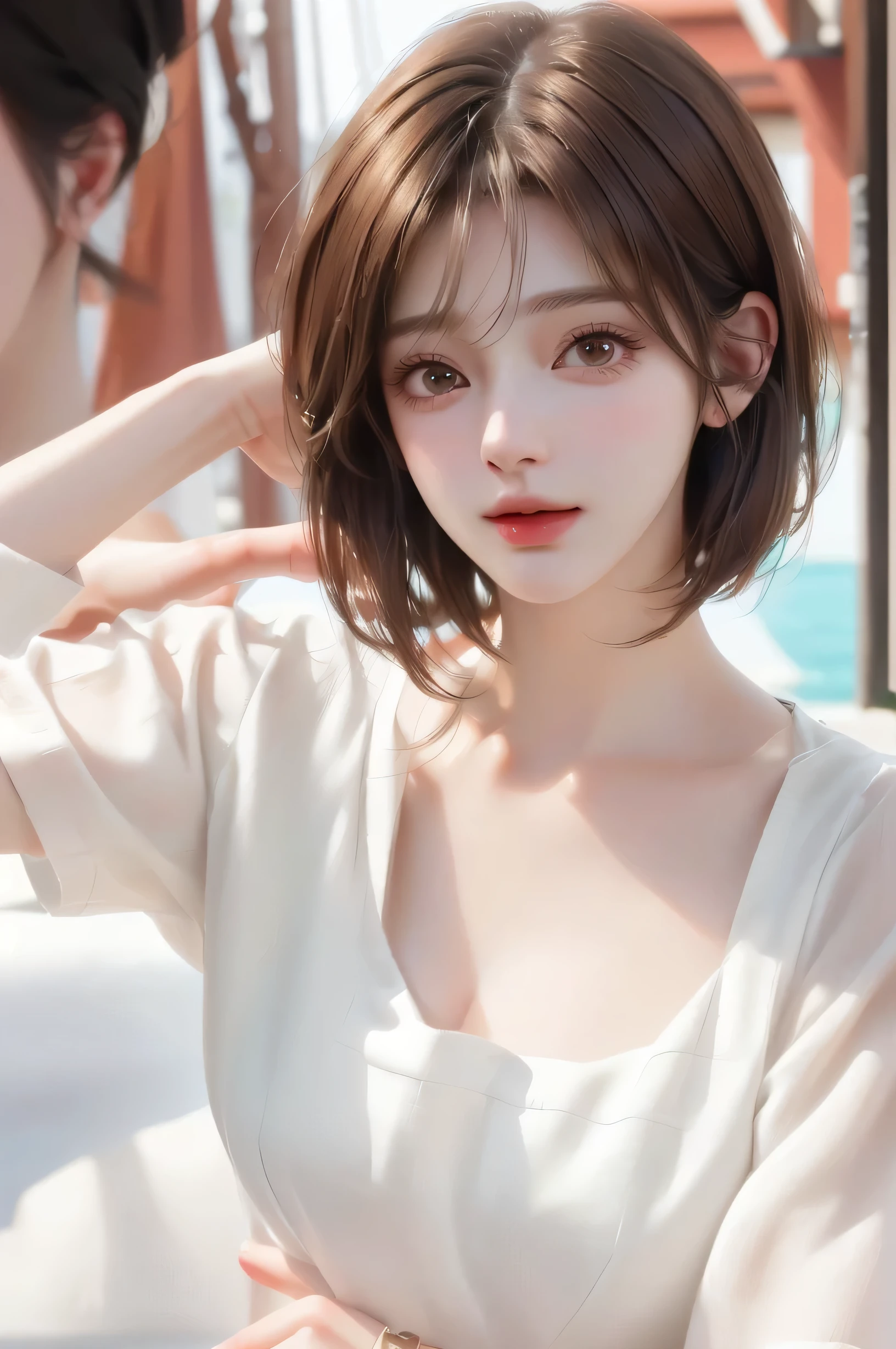 short hair、short hair、outdoor、Warm daytime、bright、Close up portrait of a woman with brown hair and brown shirt。, cute realistic portrait, Realistic anime 3d style, Photorealistic anime girl rendering, realistic 3d animation, realistic art style, 8K portrait rendering, realistic cute girl drawing, realistic art style, Smooth anime CG art, anime realism style, realistic beautiful face, realistic young anime girl