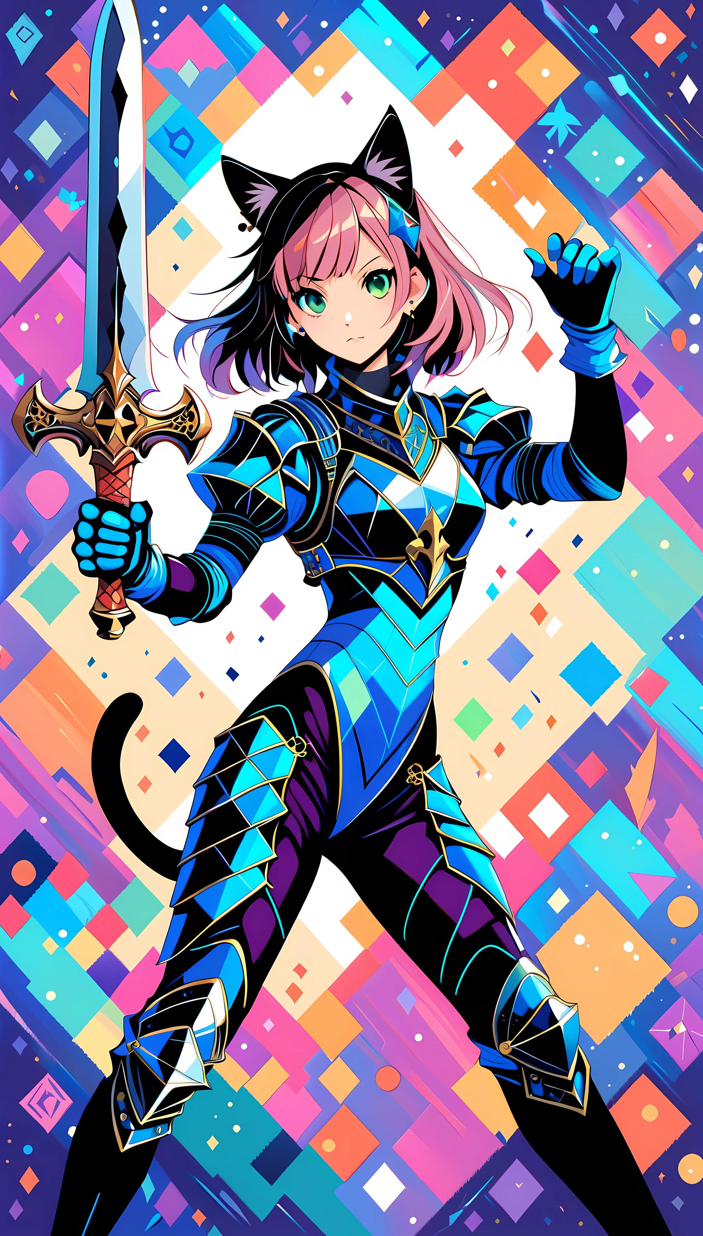 ((Masterpiece in maximum 16K resolution):1.6), ((vector cartoon illustration:)1.5), ((Vector art):1.4), ((Geometric style and minimalism):1.5), ((Vectorized):1.2) | ((Vector art of a Female Cat in Knight Suit in fantasy world setting:1.5), ((Female Cat):1.5) (Smart looking cat holding a great sword):1.1), ((sense of magic):1.1),((perfect_composition, perfect_design, perfect_layout, perfect_detail, ultra_detailed)), ((enhance_all, fix_everything)), More Detail, Enhance.