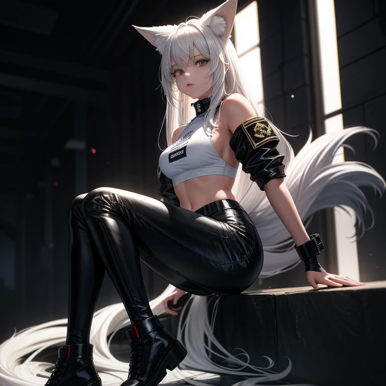 In this mesmerizing artwork, we are presented with a true masterpiece that captivates the viewer with its astonishingly high resolution and unparalleled level of detail. Created in an absurdly detailed 8K resolution, this image showcases the cutting-edge technology of ray tracing, resulting in realistic lighting and shadows that bring the artwork to life.
The focal point of the artwork is a shoulder-length haired teenage girl, adorned with two elegant white fox ears with black tips. Her unique appearance continues with a mesmerizing slime body that seamlessly merges with her white scaled dragon tail. This tomboyish character stands tall and confident, wearing military boots, black leggings, and military combat pants. Her black T-shirt perfectly complements the white military camo jacket that is left open