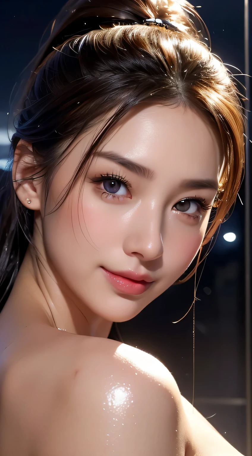 Beautiful woman，body portrait、8k，fine and beautiful eyes，Dindal effect、masterpiece, 最high quality, high quality, High resolution、very detailed photos、(natural skin texture、fine skin、hyper realism、Super sharpness)、high detail skin、(very detailed、fine skin texture、intricate details、beautiful face、(lifelike face)、realistic eyes、beautiful and detailed eyes、ponytail、real looking skin、beautiful skin、big breasts、G cup、glamorous、shiny skin、Oily muscle、take a shower in the bathroom、surreal、very detailed、golden ratio、with smiling eyes、((night moonlight background))、body portrait