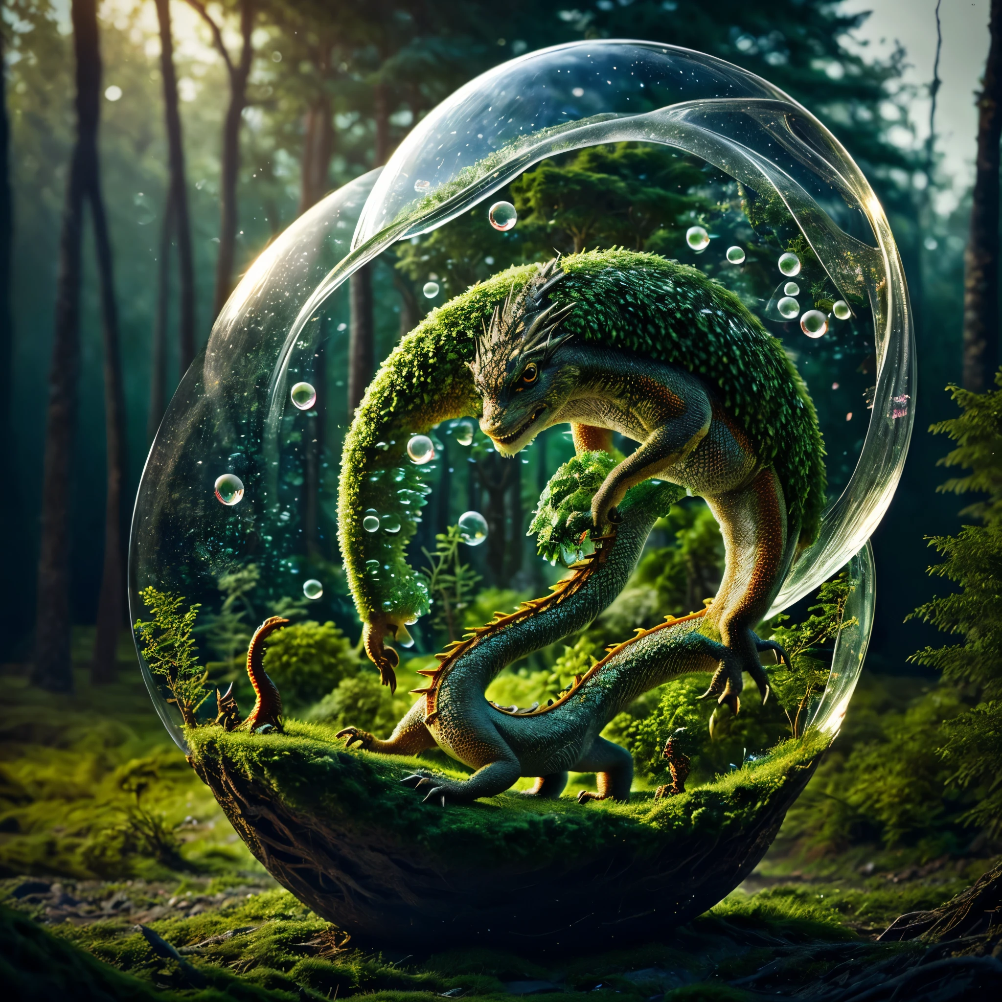 (An intricate mini-forest-landscape of a minidragon trapped in a bubble), atmospheric oliva lighting, (a minidragon trapped in a bottle), 4k UHD, dark vibes, hyper detailed, vibrant colours forest background, epic composition, octane render, sharp focus, high resolution isometric, bubblerealm photorealistic documentary shot