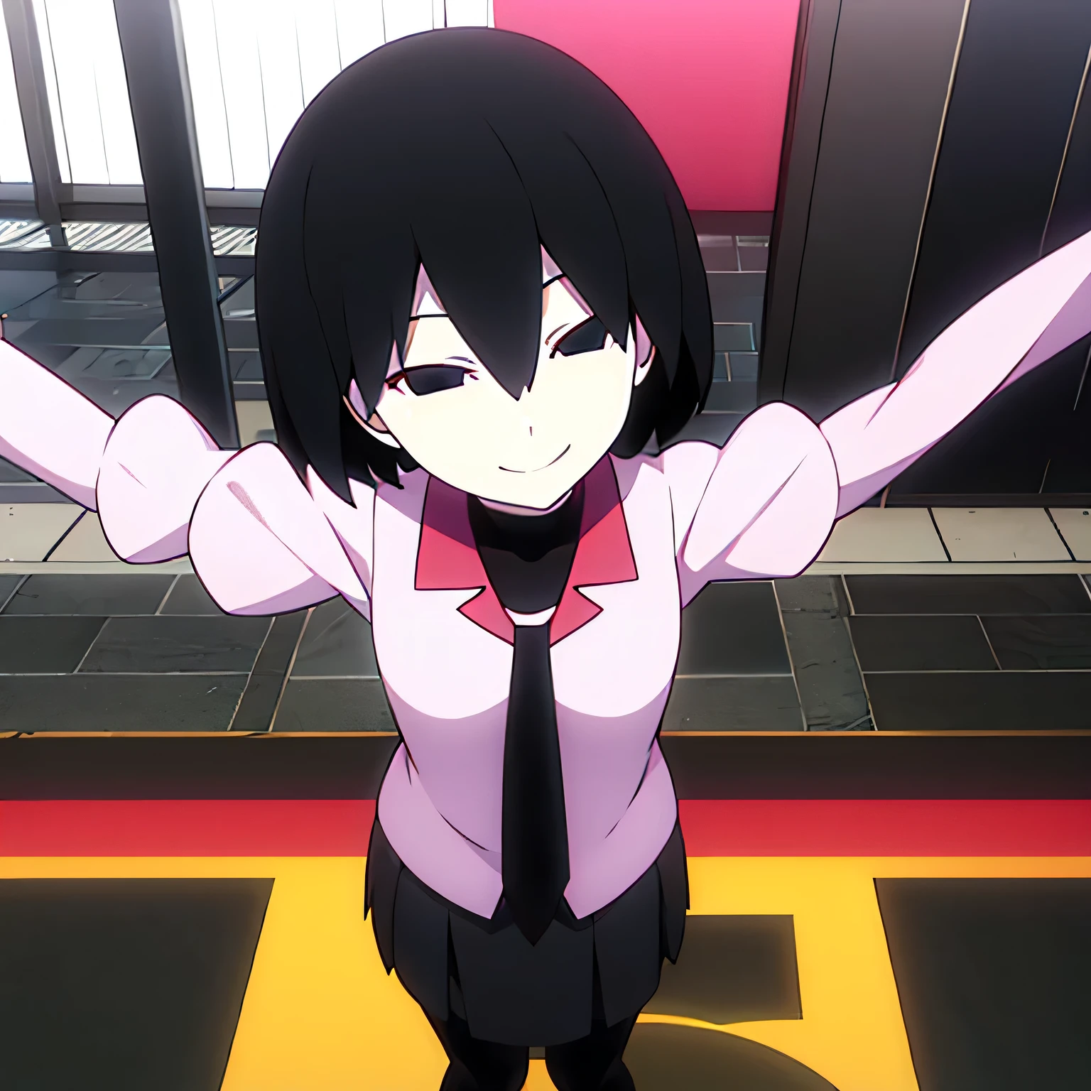 ooking into camera, first person, falling on floor, girl with open arms, smile, Ougi, black eyes, black hair, empty eyes, bangs, bob cut, hair between eyes, pale skin, naoetsu high , pink shirt, black undershirt, puffy sleeves, bob cut, necktie, turtleneck, juliet sleeves, long sleeves