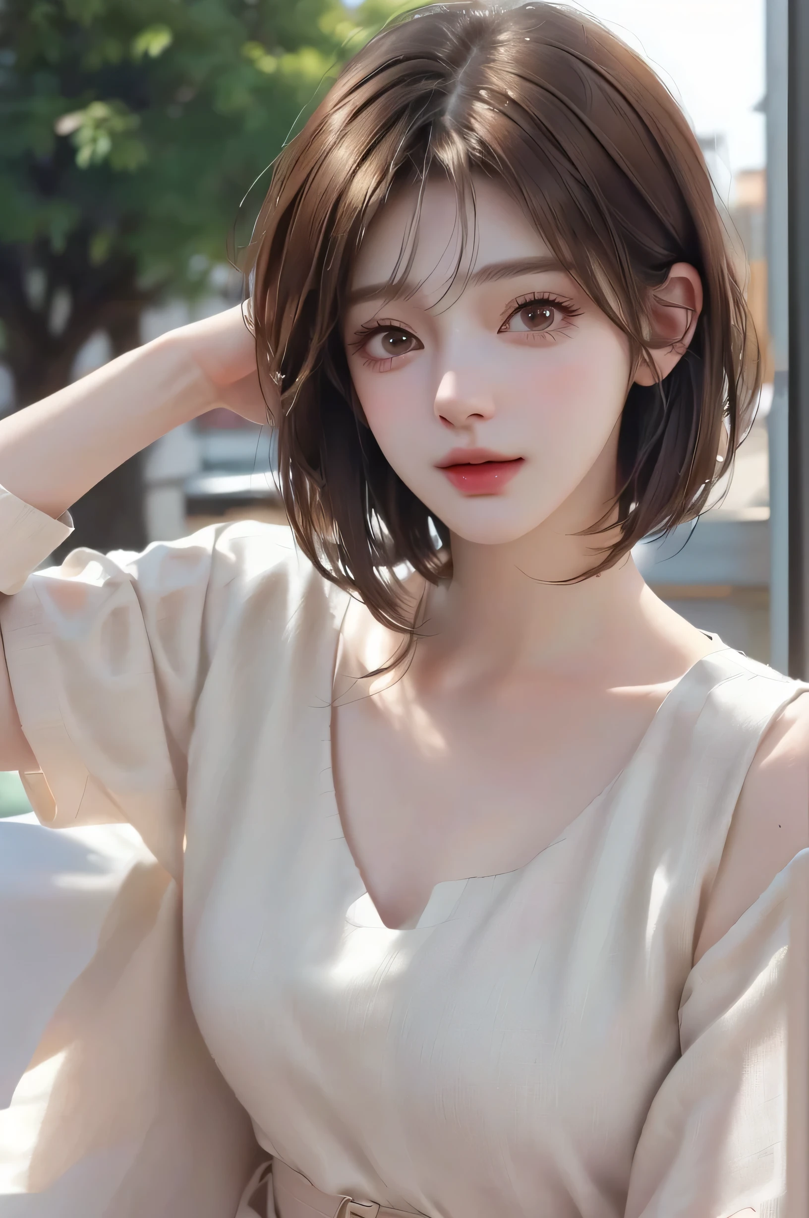 short hair、short hair、outdoor、Warm daytime、bright、Close up portrait of a woman with brown hair and brown shirt。, cute realistic portrait, Realistic anime 3d style, Photorealistic anime girl rendering, realistic 3d animation, realistic art style, 8K portrait rendering, realistic cute girl drawing, realistic art style, Smooth anime CG art, anime realism style, realistic beautiful face, realistic young anime girl
