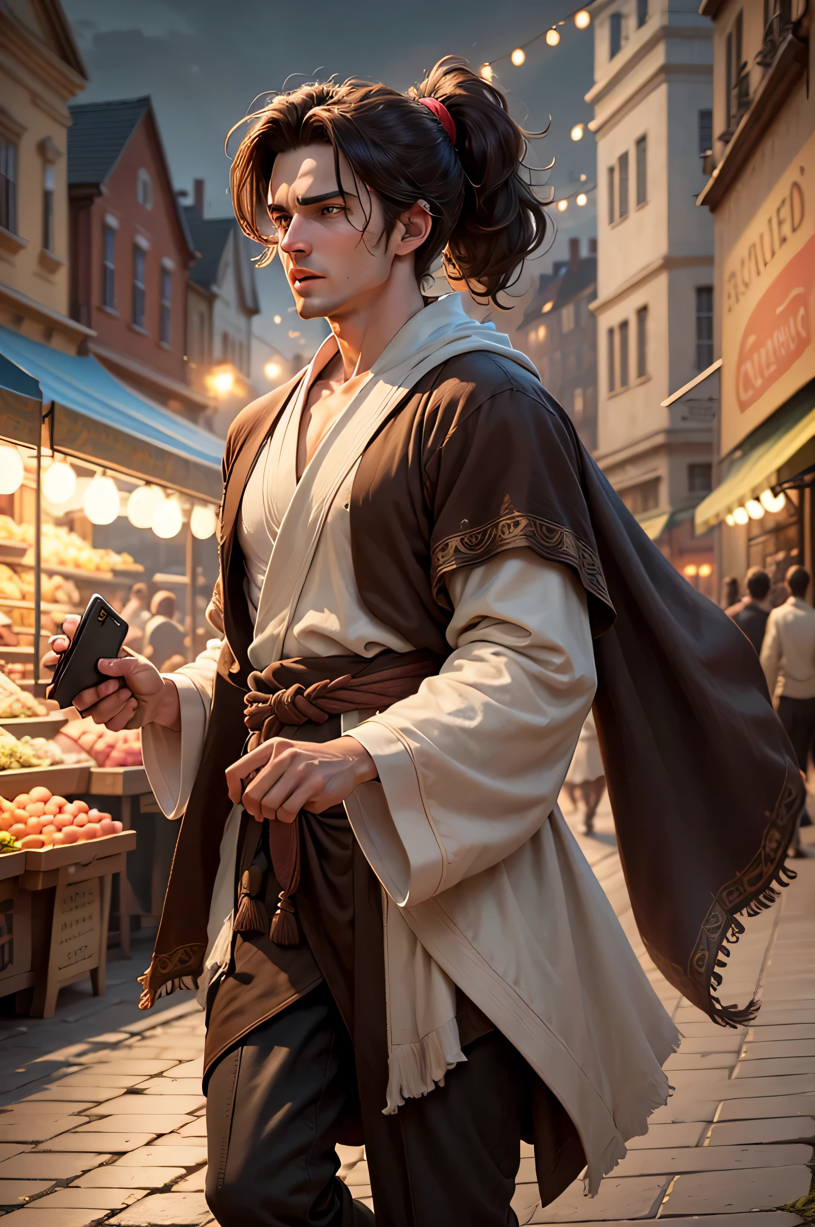 poor young man in a market place, volumetric lighting, 8k resolution, photorealistic, ultra-high quality, opulent detailed background, medium length dark brown hair, messy ponytail, wearing a long cotton robe, having fun, running