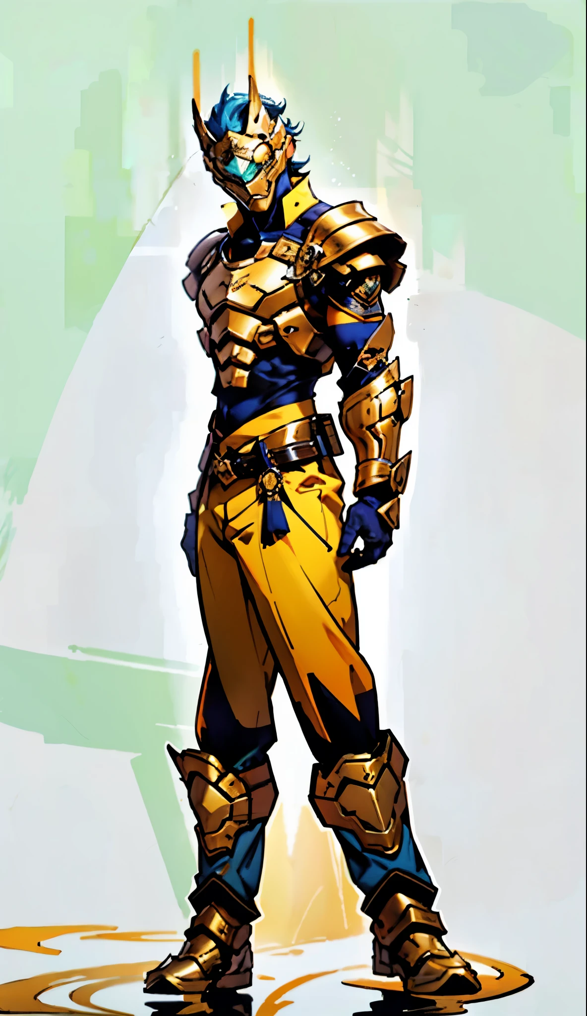 A man with short golden hair slicked back, his face entirely obscured by a Dynastinae concept mask, full mask, cold gaze, clad in an indigo blue fantasy-style Dynastinae concept chest plate, his arms and legs are clad in matching armor, he wears a white undershirt and trousers with golden stripes, standing within a magnificent fantasy-style palace, this character embodies a finely crafted fantasy-style masked light armor warrior in anime style, exquisite and mature manga art style, high definition, best quality, highres, ultra-detailed, ultra-fine painting, extremely delicate, professional, perfect body proportions, golden ratio, anatomically correct, symmetrical face, extremely detailed eyes and face, high quality eyes, creativity, RAW photo, UHD, 32k, Natural light, cinematic lighting, masterpiece-anatomy-perfect, masterpiece:1.5