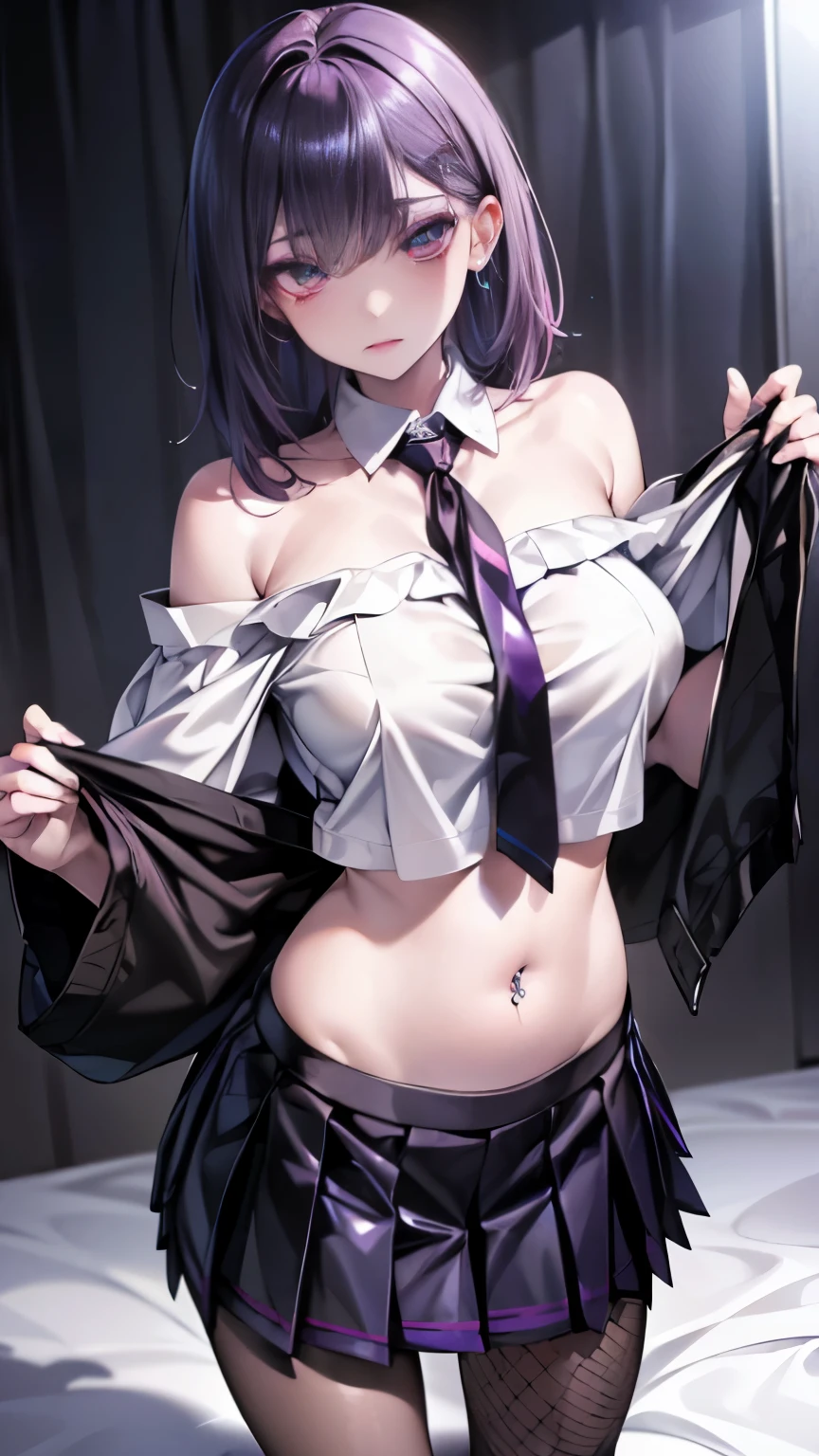 (masterpiece, highest quality, highest quality, official art, beautiful and aesthetic:1.2), (2 girls:1.8), Cinematic lighting、(key light:Front diagonal 45 degrees, fill light、Backlight、shadow、blue and orange color palette), accurate human body、detailed person、Correct five-finger、RAW photo、 4K - ultra-vivid、highest quality, masterpiece, ultra high resolution, (reality: 1.4),
1 Girl、/jet black hair/、(((/black and purple super shiny latex panties/)))、((( /black skin/ , /White shirt with tie/ , high school girl、pleated skirt , cleavage ,oil skin)))、(shiny body: 1.5)、 please be shy、(Ahegao:1.5)、((/black mask/))、full of embarrassment、sexy pose、((vapor))、/break/, On the bed in a love hotel、(((/pink lighting/)))、A dimly lit, lewd room、Desaturation in the room
(((oil skin,sparkling skin、realistic skin texture、detailed beautiful skin、shiny skin、shiny skin)))、
upper body shot, camera angle is low, Depth of the bounds written, Focus on the center, fine eyes, perfect face and eyes、
1 girl、
, (goth makeup), (white skin), (T-shirt and skirt), (Show below ), (Fishnet tights), (belly button jewelry), (pierced ears), (Pierced Lips), /purple eyes/, /Short black emo hair/, (big breasts), (8K), (wallpaper), (dynamic lighting), (detailed face and eyes:1.2)、short skirt、Thick-soled low-cut boots and large shirts、off shoulder, /break/two girls