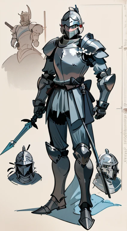 conceptual art, sketch, Simple style, pastel shades, Knight, Wear a Knight's helmet, full length, standing tall, A Knight (men), Gray Knight armor attached to the whole body