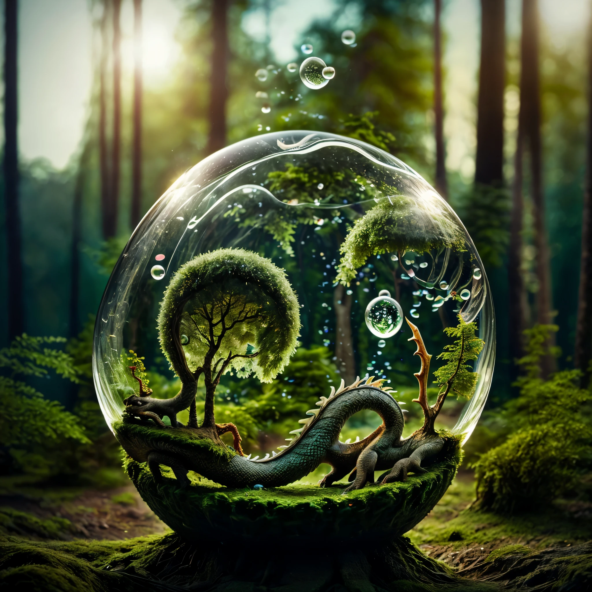 (An intricate mini-forest-landscape of a minidragon trapped in a bubble), atmospheric oliva lighting, (a minidragon trapped in a bottle), 4k UHD, dark vibes, hyper detailed, vibrant colours forest background, epic composition, octane render, sharp focus, high resolution isometric, bubblerealm photorealistic documentary shot