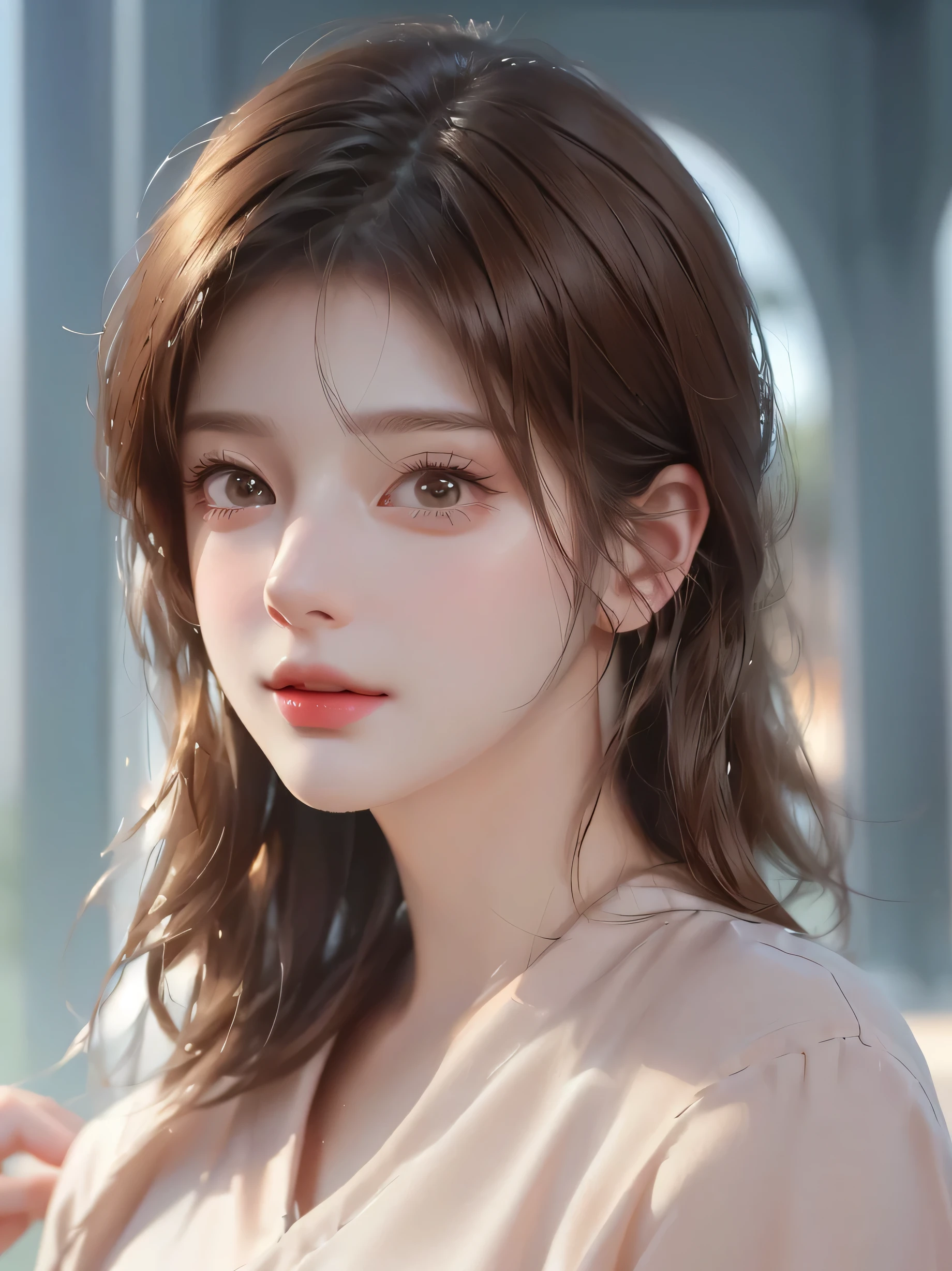 short hair、short hair、outdoor、Warm daytime、bright、Close up portrait of a woman with brown hair and brown shirt。, cute realistic portrait, Realistic anime 3d style, Photorealistic anime girl rendering, realistic 3d animation, realistic art style, 8K portrait rendering, realistic cute girl drawing, realistic art style, Smooth anime CG art, anime realism style, realistic beautiful face, realistic young anime girl