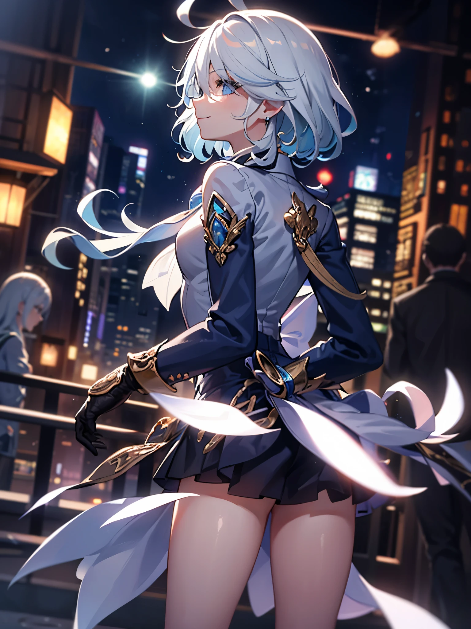 deep skin,textured skin, blue eyes, short light blue hair, smiling,
BREAK  (serafuku, sailor collar, green neckerchief, grey shirt, long sleeves, black skirt:1,2)
BREAK (masterpiece:1.2), best quality, high resolution, unity 8k wallpaper, (illustration:0.8), (beautiful detailed eyes:1.6), extremely detailed face, perfect lighting, extremely detailed CG, (perfect hands, perfect anatomy),