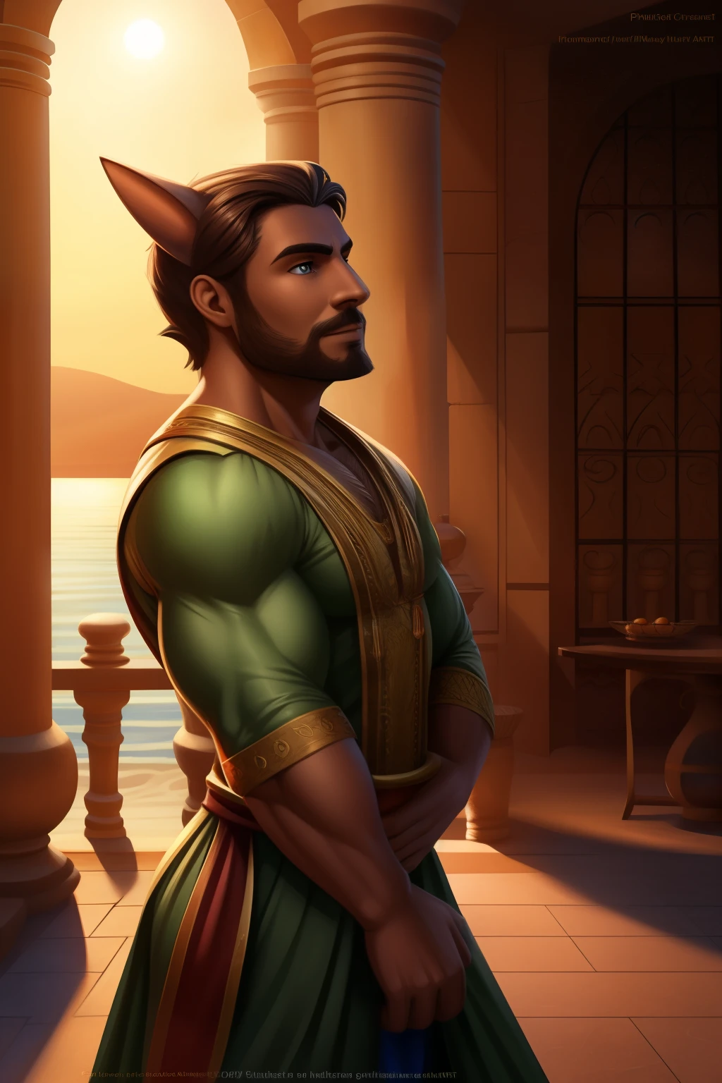 humano, full body, muscular, Mediterranean sunset, olive skin, chiseled features, expressive face, realistic rendering, high detail, cinematic lighting, trending on ArtStation, masterpiece, life-like anatomy, detailed eyes, detailed body, detailed face, warm smile, intricate clothing, vibrant colors, soft shadows, by MauricioRivas, by HumanizerArt, by PrimeCreations.