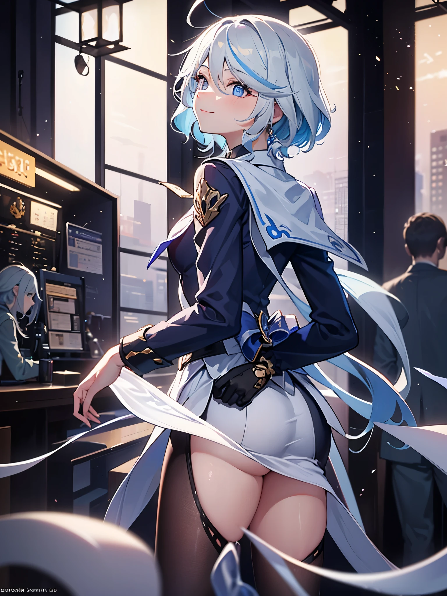 deep skin,textured skin, blue eyes, short light blue hair, smiling,
BREAK  (serafuku, sailor collar, green neckerchief, grey shirt, long sleeves, black skirt:1,2)
BREAK (masterpiece:1.2), best quality, high resolution, unity 8k wallpaper, (illustration:0.8), (beautiful detailed eyes:1.6), extremely detailed face, perfect lighting, extremely detailed CG, (perfect hands, perfect anatomy),