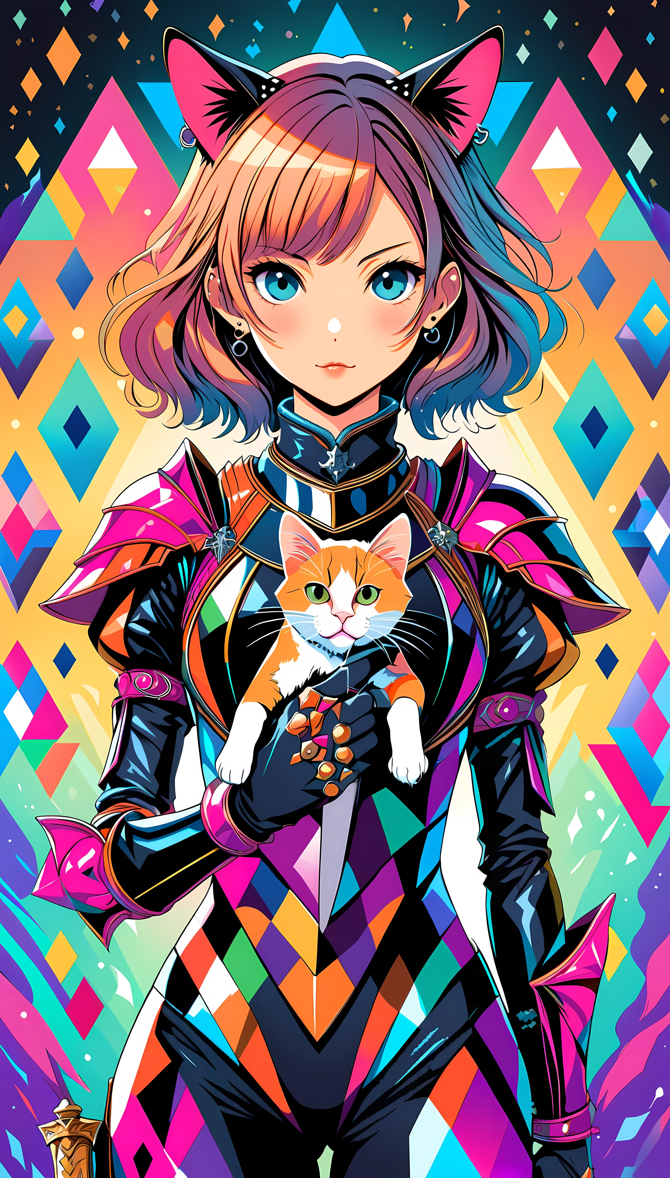 ((Masterpiece in maximum 16K resolution):1.6), ((vector cartoon illustration:)1.5), ((Vector art):1.4), ((Geometric style and minimalism):1.5), ((Vectorized):1.2) | ((Vector art of a Female Cat in Knight Suit in fantasy world setting:1.5), ((Female Cat):1.5) (Smart looking cat holding a great sword):1.1), ((sense of magic):1.1),((perfect_composition, perfect_design, perfect_layout, perfect_detail, ultra_detailed)), ((enhance_all, fix_everything)), More Detail, Enhance.