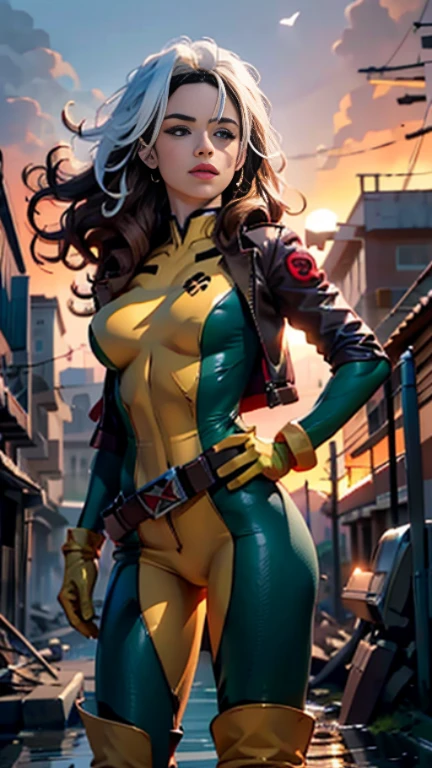 Krysten Ritter、Wet、full body figure, long hair, brown hair, green eyes, lipstick, compensate, lips,Emphasize cleavage、 sexy、White stripes in hair, like, wavy hair, messy hair, curly hair, middle～big breasts, Surface Plot, ((Kelli Berglund:Bailee Madison:0.5)), 黄colorのスーツ, Jacket, gloves, belt, gloves amarillos, Green Suit, (body suit:1.4), Traje multicolor, (superhero:1.4), tight skin, Ropa multicolor, Garden and wisteria background, official art, extremely detailed CG 8k wallpaper, perfect lighting, De color, bright_amount_method_light, piel bright, (masterpiece:1.0), (Better_quality:1.0), ultra high resolution, 4k , Super detailed, director of photography, 8k, HDR, Altas Resolightones, (disorganized:1.2), kodak portrait 400, film grain, blurred background, (Bokeh:1.2), Lens flare, (lively_color:1.2), professional photography, (beautiful_method:1.5),More detailed 8K.unreal engine:1.4,Hmm,La Better calidad:1.4, realistic:1.4, skin temperature:1.4, masterpiece:1.8,masterpiece, Better calidad,object object], (detailed facial features:1.3),(Antesedentes apocalyptic destroyed city:1.4), (Apocalyptic Sunset:1.4)