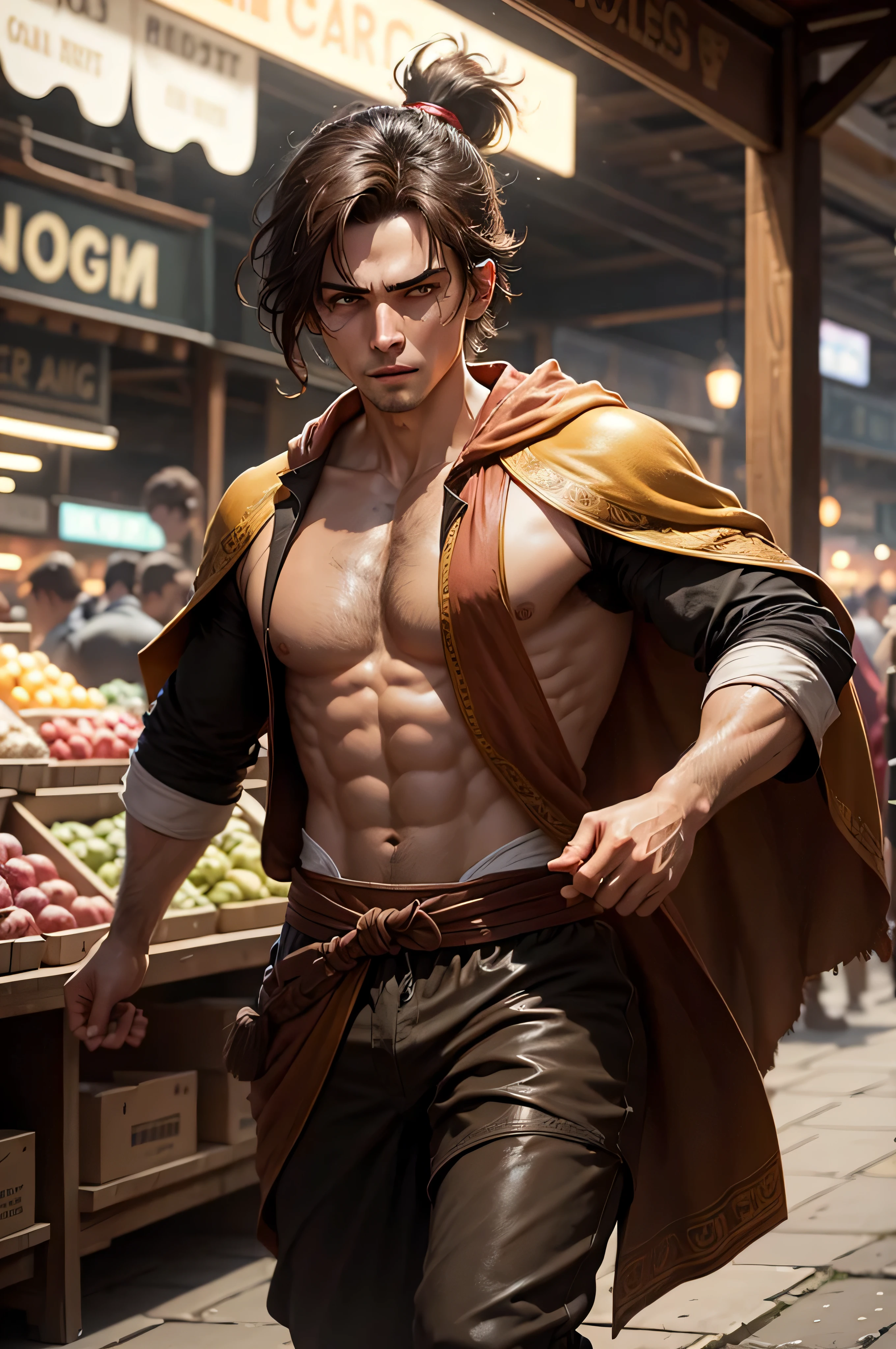 poor young man in a market place, volumetric lighting, 8k resolution, photorealistic, ultra-high quality, opulent detailed background, medium length dark brown hair, messy ponytail, wearing a long cotton robe, dark brown long pants, having fun, running