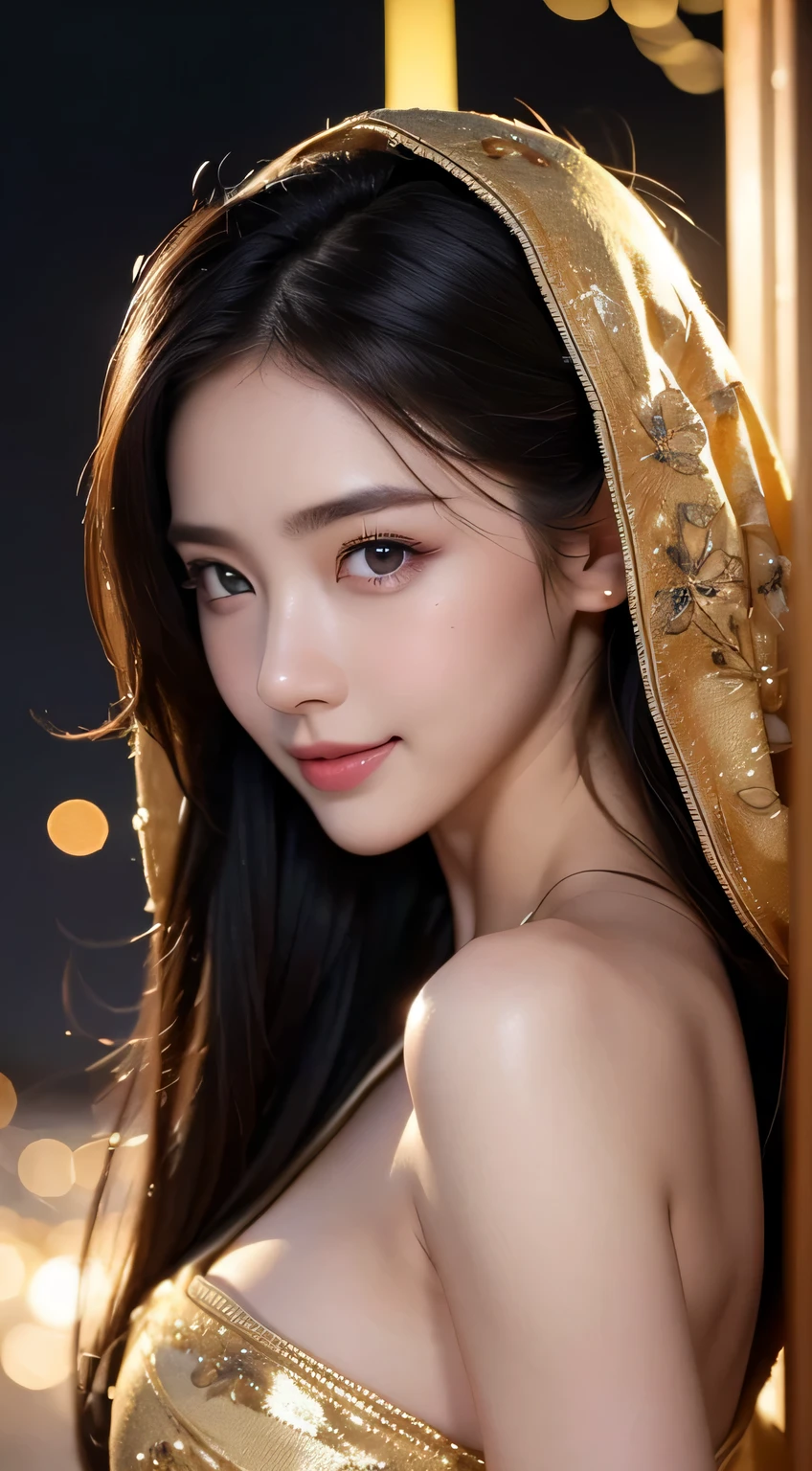Beautiful woman in kimono,body portrait、8k,fine and beautiful eyes,Dindal effect、masterpiece, 最high quality, high quality, High resolution、very detailed photos、(natural skin texture、fine skin、hyper realism、Super sharpness)、high detail skin、(very detailed、fine skin texture、intricate details、beautiful face、(lifelike face)、realistic eyes、beautiful and detailed eyes、real looking skin、beautiful skin、surreal、very detailed、golden ratio、with smiling eyes、((night moonlight background))、G cup、erotic body、body portrait、sexy knit dress、beautiful feet、Take a picture of the whole body