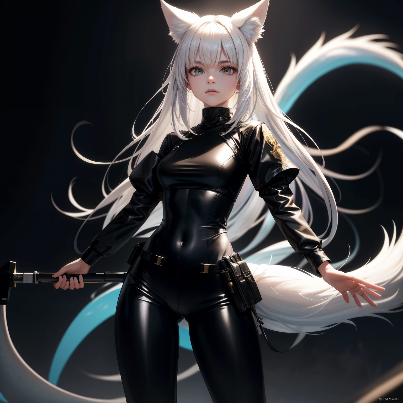 In this mesmerizing artwork, we are presented with a true masterpiece that captivates the viewer with its astonishingly high resolution and unparalleled level of detail. Created in an absurdly detailed 8K resolution, this image showcases the cutting-edge technology of ray tracing, resulting in realistic lighting and shadows that bring the artwork to life.
The focal point of the artwork is a shoulder-length haired teenage girl, adorned with two elegant white fox ears with black tips. Her unique appearance continues with a mesmerizing slime body that seamlessly merges with her white scaled dragon tail. This tomboyish character stands tall and confident, wearing military boots, black leggings, and military combat pants. Her black T-shirt perfectly complements the white military camo jacket that is left open