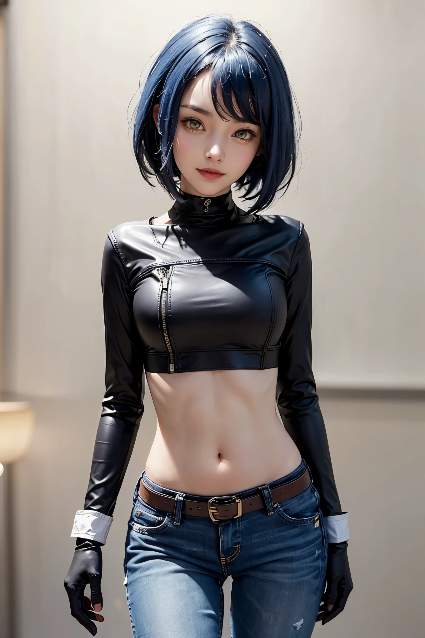 1girl, (long sleeved leather jacket, skinny long jeans, iron belt), ((midriff, navel)), looking at viewer, smile, ((hand on belly)), (cinematic lighting, best quality, masterpiece, high details, best quality, highres, HD, 4K, 8k, super detail), (kujou sara:1.3, mask on head, blue hair, short hair, yellow eyes, gloves)