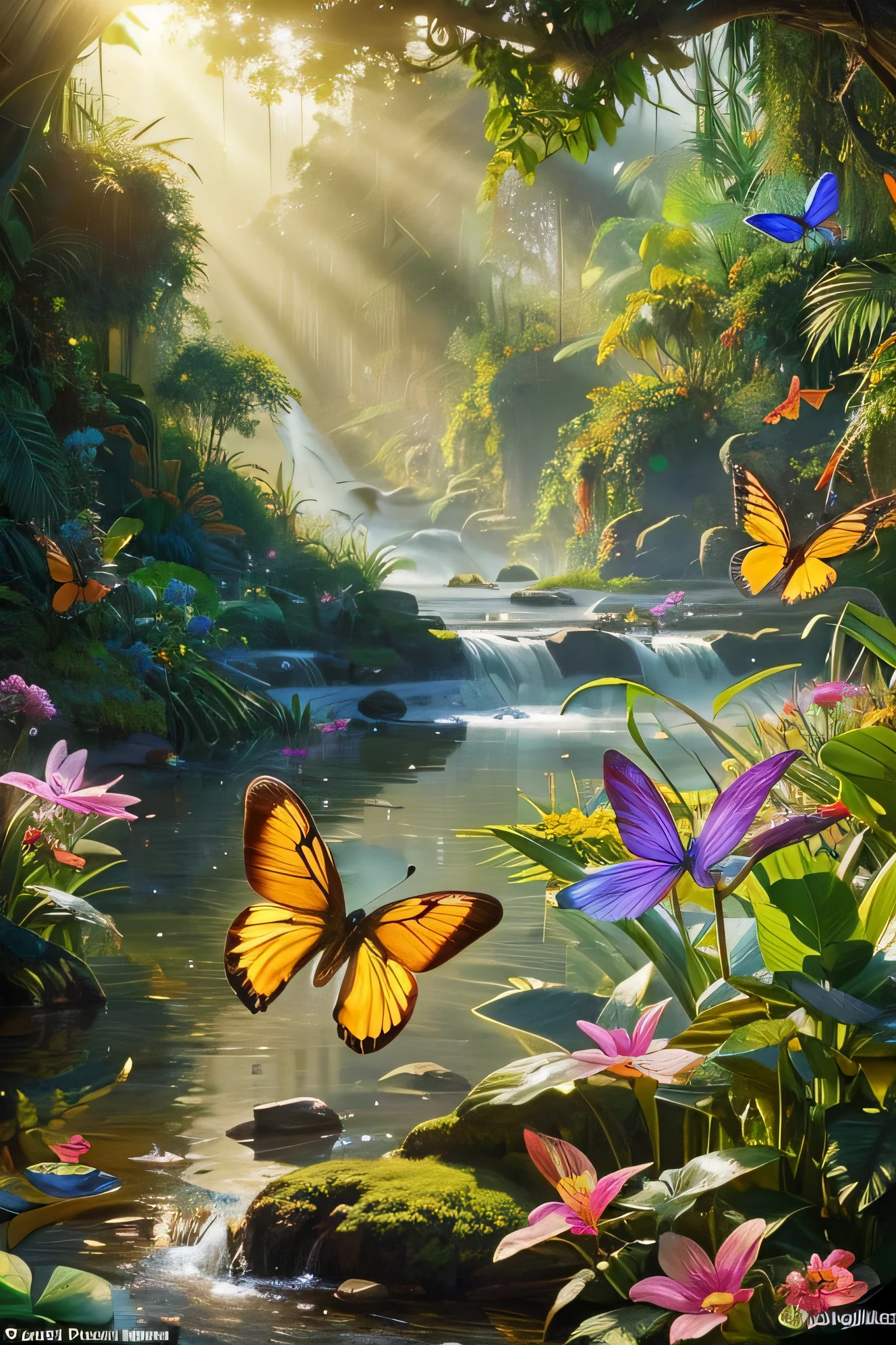 Beautiful hyper-realistic and super-detailed masterpiece that shows a mysterious river in the amazon forest, with the morning sunshine, Flying butterflies on the flowers, hummingbird in a exotic flower