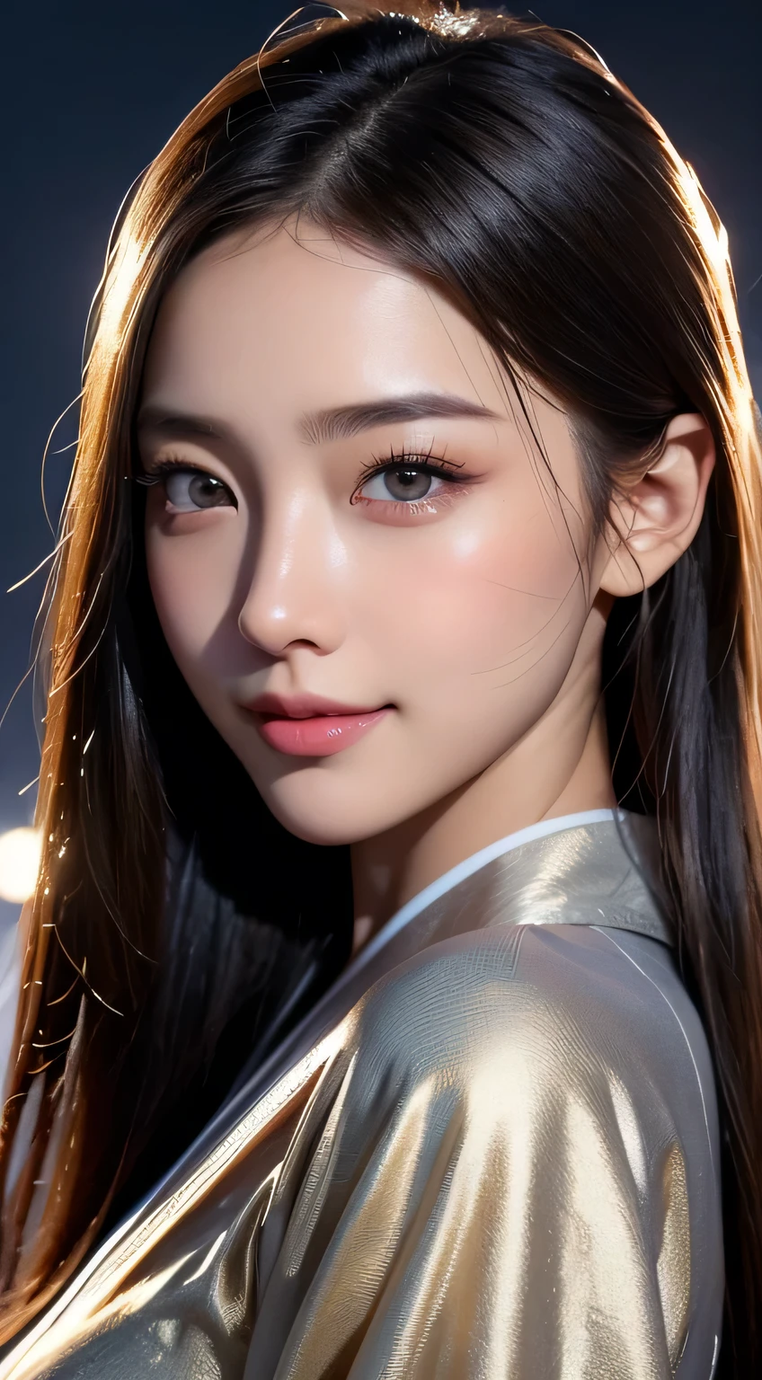 Beautiful woman in kimono,body portrait、8k,fine and beautiful eyes,Dindal effect、masterpiece, 最high quality, high quality, High resolution、very detailed photos、(natural skin texture、fine skin、hyper realism、Super sharpness)、high detail skin、(very detailed、fine skin texture、intricate details、beautiful face、(lifelike face)、realistic eyes、beautiful and detailed eyes、real looking skin、beautiful skin、surreal、very detailed、golden ratio、with smiling eyes、((night moonlight background))、body portrait、shiny bodysuit、Take a picture of the whole body