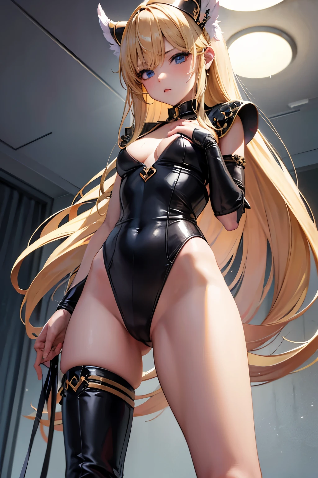 lease, blonde、long hair、bondage、thigh high boots、Photo from below、medium chest、