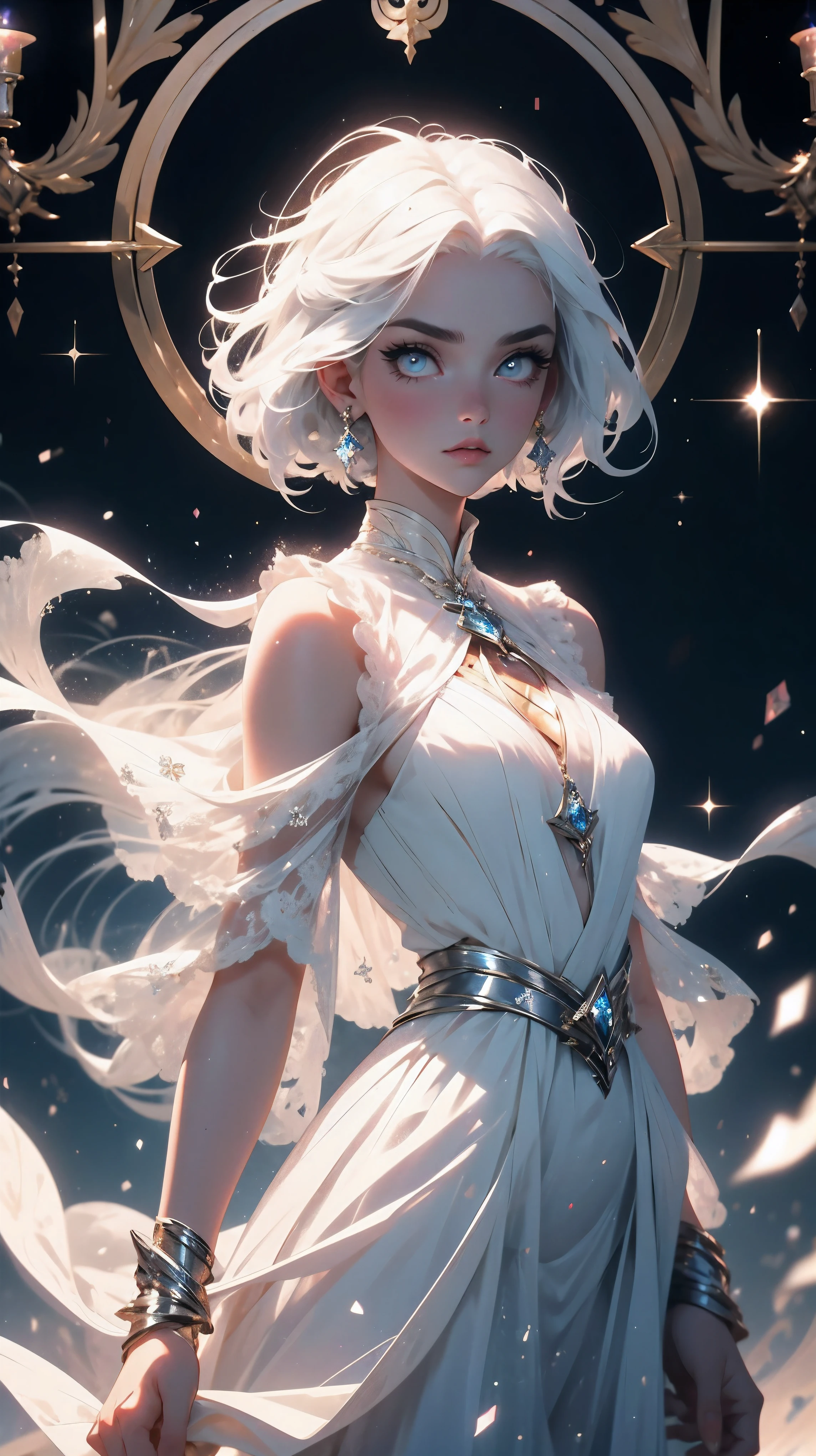 beautiful young girl with white hair and light eyes, her zodiac sign is Virgo, femme fatale, beautiful white dress, zodiac theme, mystical atmosphere, hd, 8k