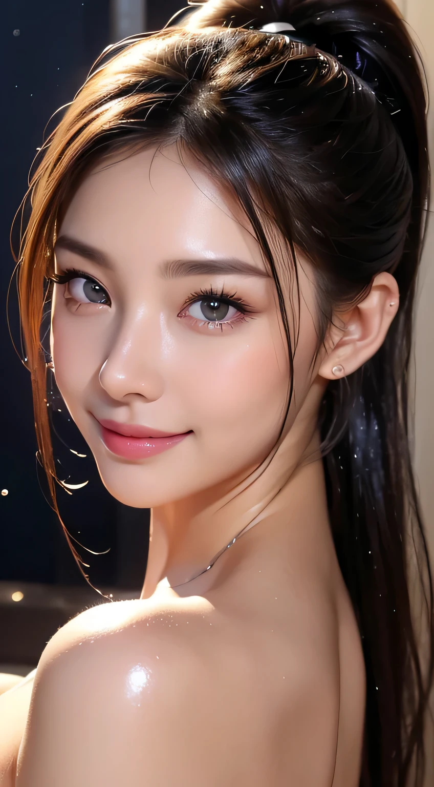 Beautiful woman,body portrait、8k,fine and beautiful eyes,Dindal effect、masterpiece, 最high quality, high quality, High resolution、very detailed photos、(natural skin texture、fine skin、hyper realism、Super sharpness)、high detail skin、(very detailed、fine skin texture、intricate details、beautiful face、(lifelike face)、realistic eyes、beautiful and detailed eyes、ponytail、real looking skin、beautiful skin、big breasts、G cup、glamorous、shiny skin、Oily muscle、take a shower in the bathroom、surreal、very detailed、golden ratio、with smiling eyes、((night moonlight background))、body portrait