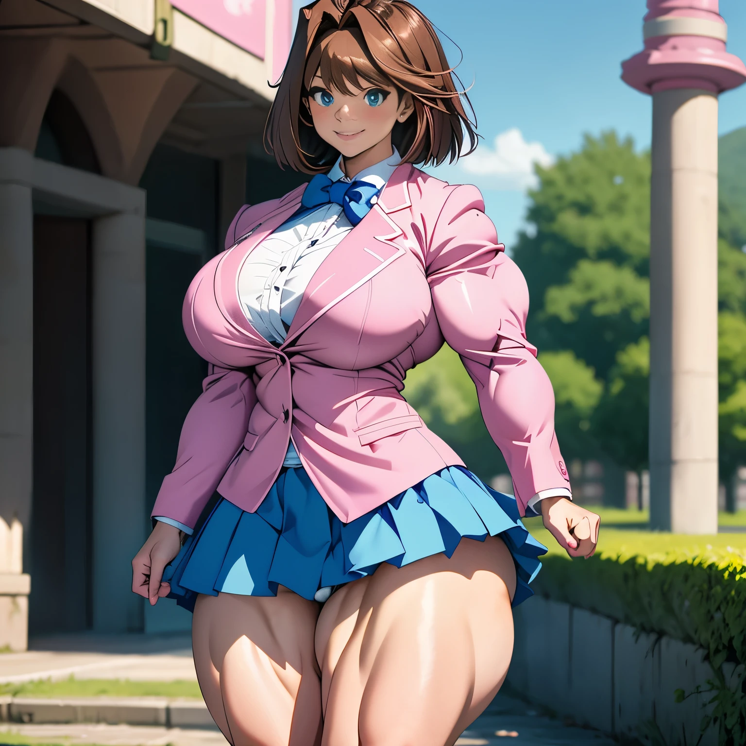 Anzu Def,full body picture, 1girl, solo, smile, short hair, blue eyes, large breasts, brown hair,
skirt, shirt, long sleeves, bow, , jacket, white shirt, pleated skirt, collared shirt, miniskirt, bowtie, blurry, blue skirt, blue bow, blazer,(panty hose:1.2) , blue bowtie, pink jacket, pink aura, strongest girl in existence,
Action pose, looking at viewer, waving, outdoors, blue sky, in the Air, flying sunlight, cloudy, (big breasts:1.4) , (wide hips, thick thighs thighuscular, female muscles, Muscle definition, big muscular biceps, wide shoulder, big calves, muscular, :1.2) (floating, hyper muscles Hypermuscle:1.2)