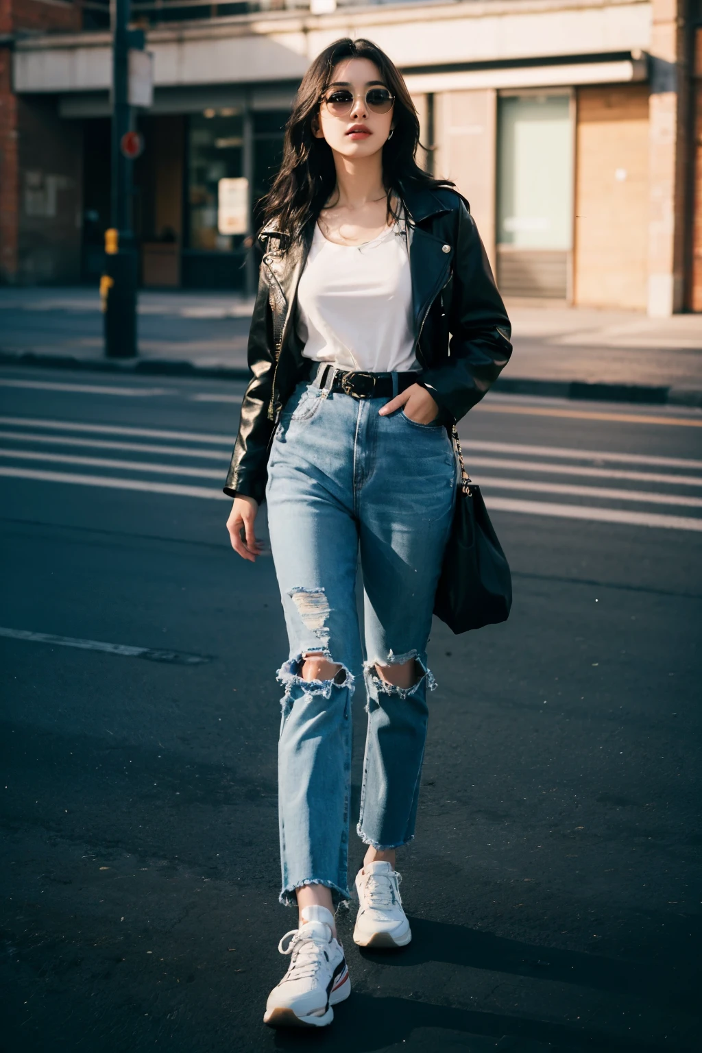((masterpiece)), ((Best Quality)), (Super Detail), ((highly detaild)), 4K, (8K), the highest picture quality, (Beautiful), realistice，Realistic pictures, Absurdres, model woman in trendy wearing a white t-shirt tucked into black jeans, a black leather belt wearing a blue jeans jacket, wearing sneakers, wearing big black sun glasses, fashion model pose, winning look, satisfied look, natural beautiful light, pretty beautiful woman, long black wavy hair, full body shoot, full body shoot