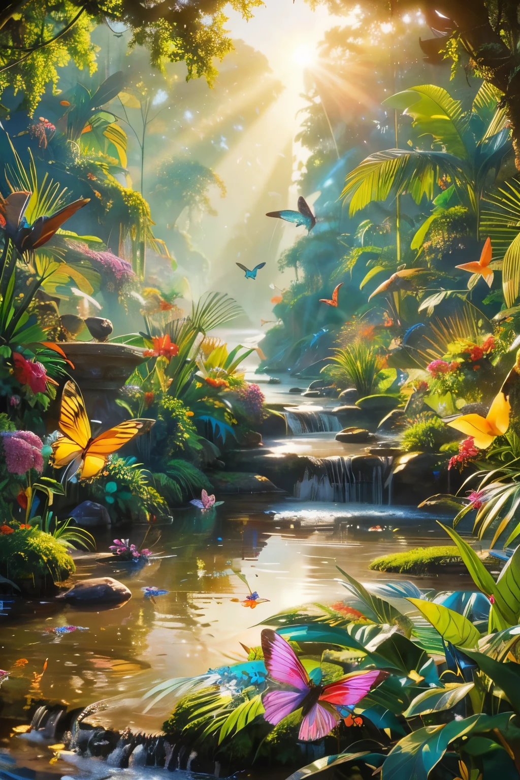 Beautiful hyper-realistic and super-detailed masterpiece that shows a mysterious river in the amazon forest, with the morning sunshine, Flying butterflies on the flowers, hummingbird in a exotic flower