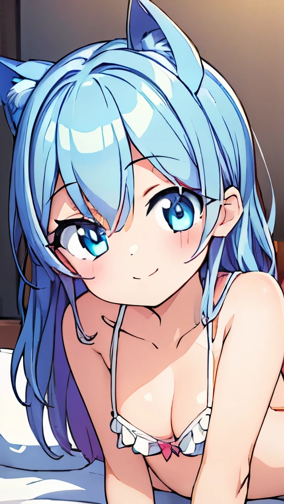 ((masterpiece)), ((best quality)), (ultra-detailed), anime style, on the bed, a cute girl, 1girl, solo, ((beautiful eyes)), smile,,small breast,